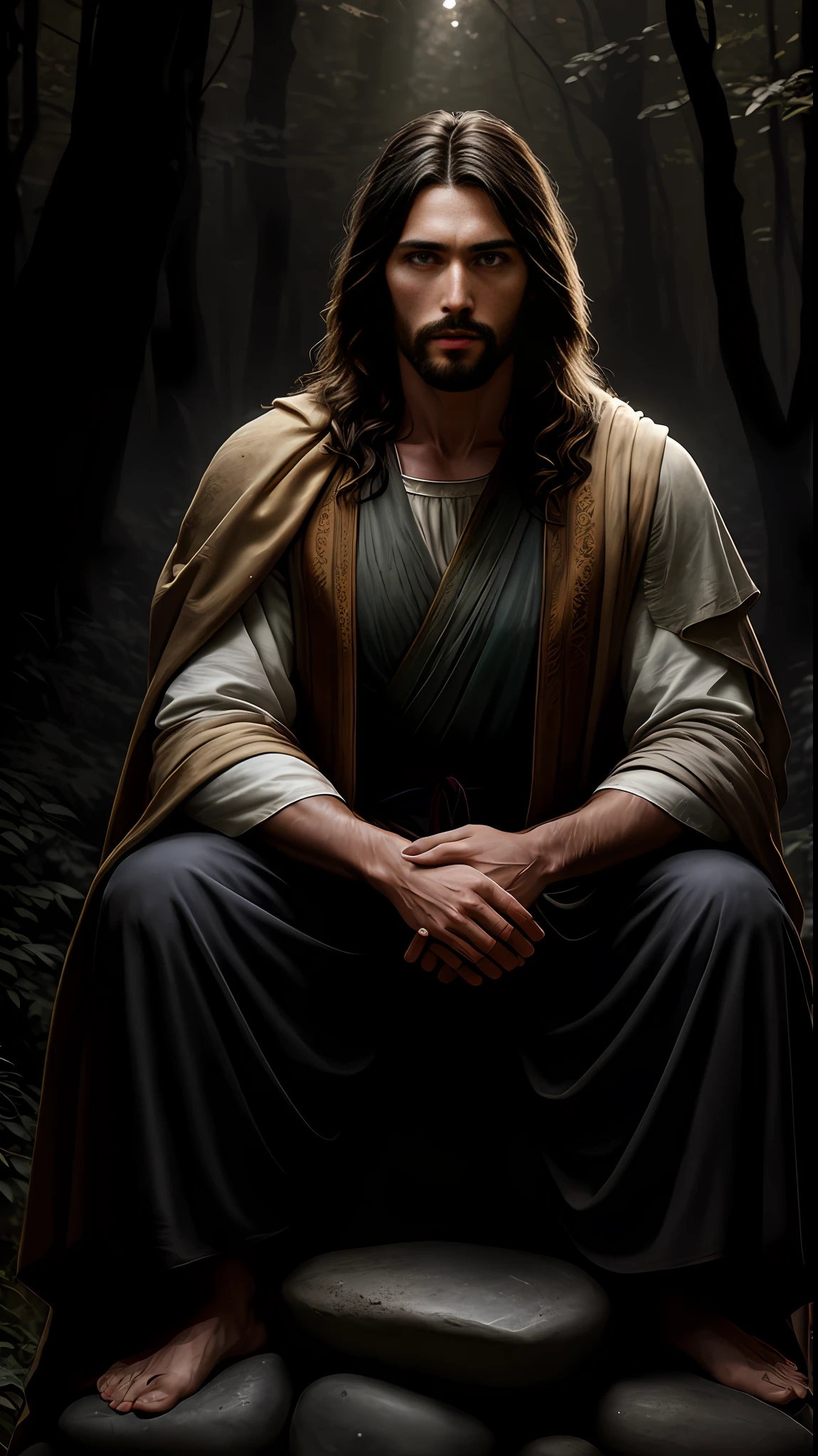JESUS CHRIST DARK PHOTO: realistic epic, soft cinematic portrait, adobe lightroom, photographic lab, highly detailed, faded, (neutral colors: 1.2), (hdr: 1.4) , (soft colors:1.2), hyperdetailed, (artstation:1.4), cinematic, warm lights, dramatic light, (intricate details:1.1), complex background, (rutkowski:0.66), (blue and orange:0.4)