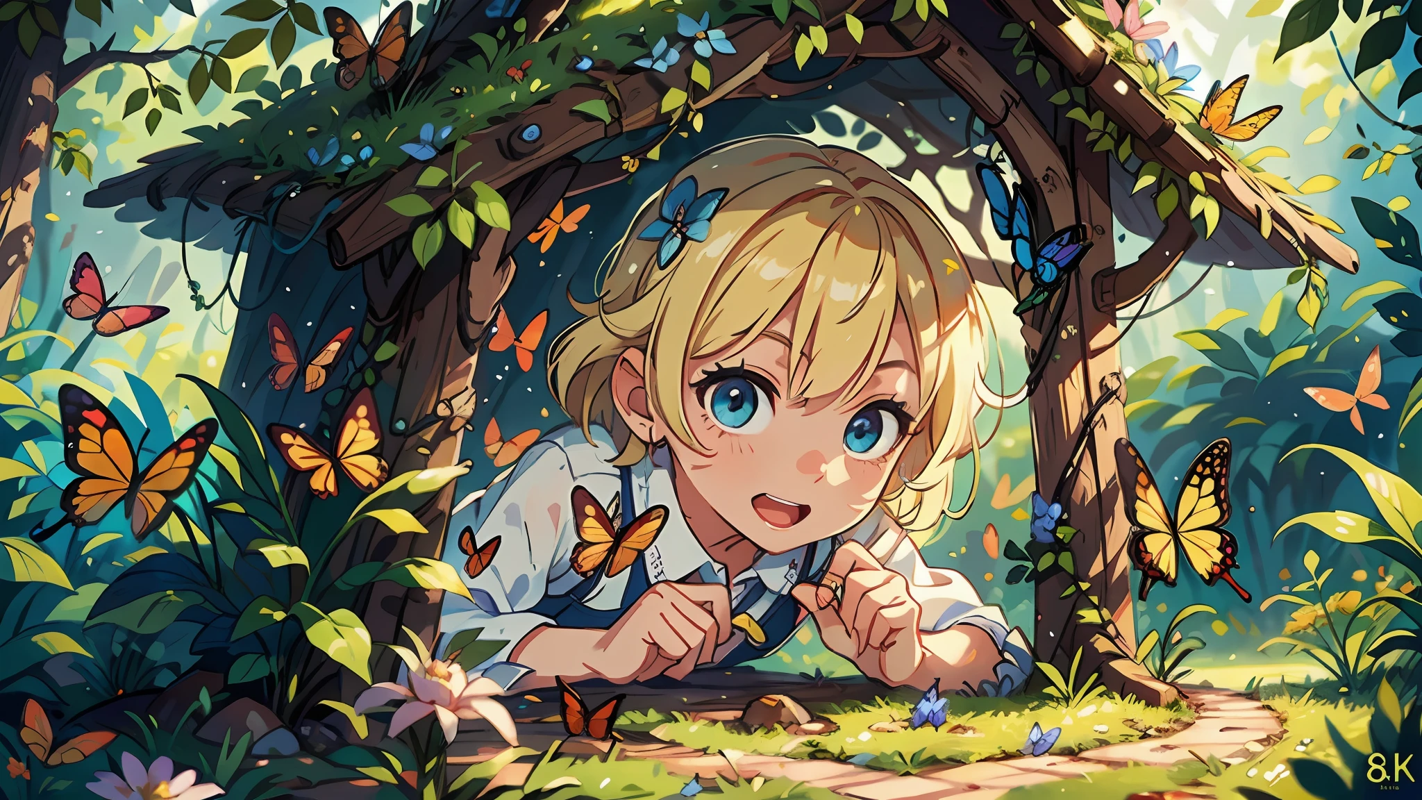A blonde boy, awakening, excitement, surprises, garden, colorful flowers, dancing butterflies, trees, gentle breeze, imagination, fairy houses, enchantment, magic. in a forest, happy, happy, perfect quality, clear focus (mess-house: 0.8), (masterpiece: 1.2) (Realistic: 1.2) (Bokeh) (Best quality) (Detailed skin: 1.3) (Intricate details) (8K) (Detail eyes) (Sharp focus), (Happy)