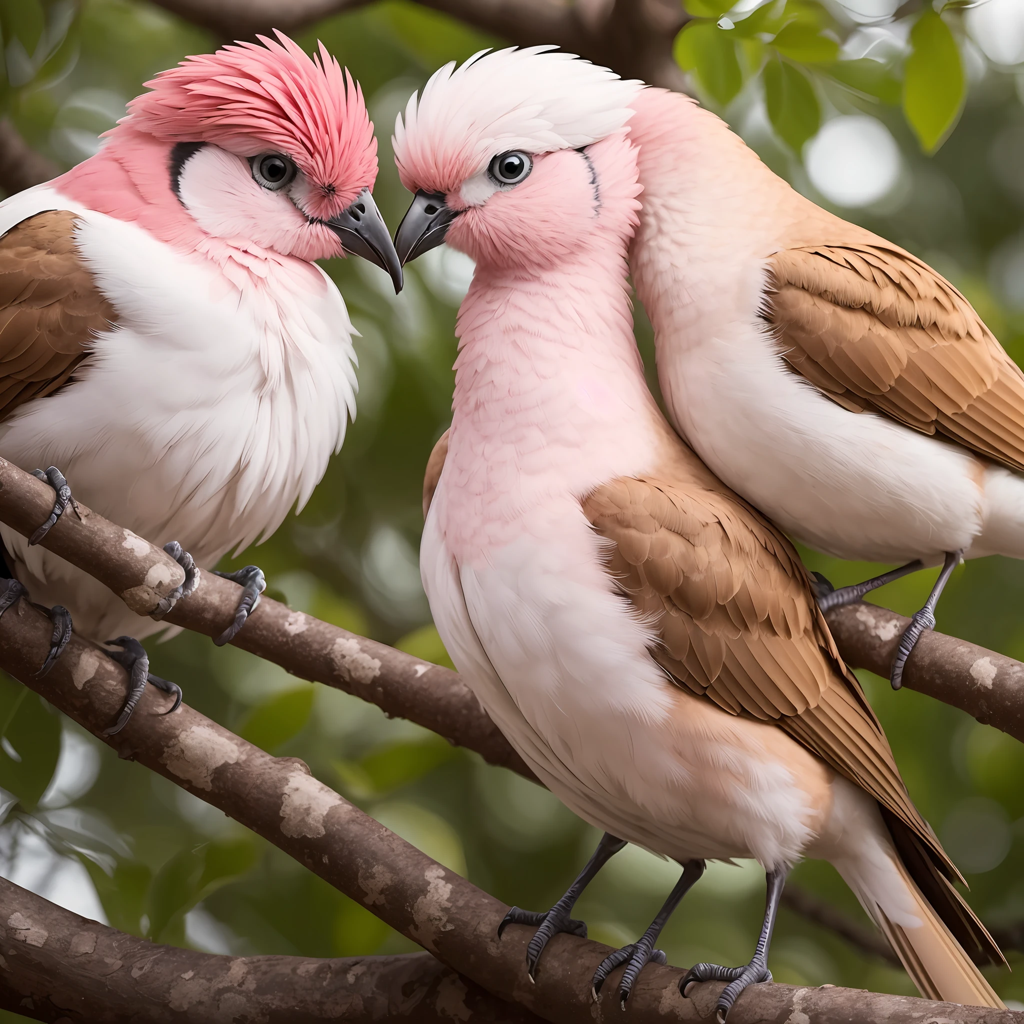 two pink and white birds with red feathers sitting on a tree branch, beijos juntos, Tristezas bonitas, branco e rosa, beijando juntos fofos, beijando-se, Casal encantador, they are in love, colorful birds, penugem de penas, coberto de penas, feito de penas, adult pair of twins, bonito e gracioso, aw, lindo e bonito, beijo lindo --auto
