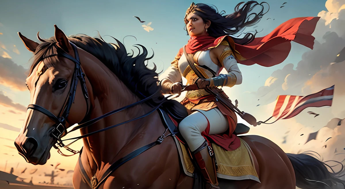 In the era of Indian independence struggle, compose a vivid scene depicting the legendary Indian queen, Rani Lakshmibai of Jhansi, fearlessly riding on horseback. Highlight her courage, determination, and indomitable spirit as she leads her troops into battle against the forces of oppression. Describe the setting, the fierce determination on her face, and the resolute stance of her horse as they gallop towards the battlefield. Emphasize the power and symbolism behind this iconic image that showcases the strength of Indian women in history. --auto --s2