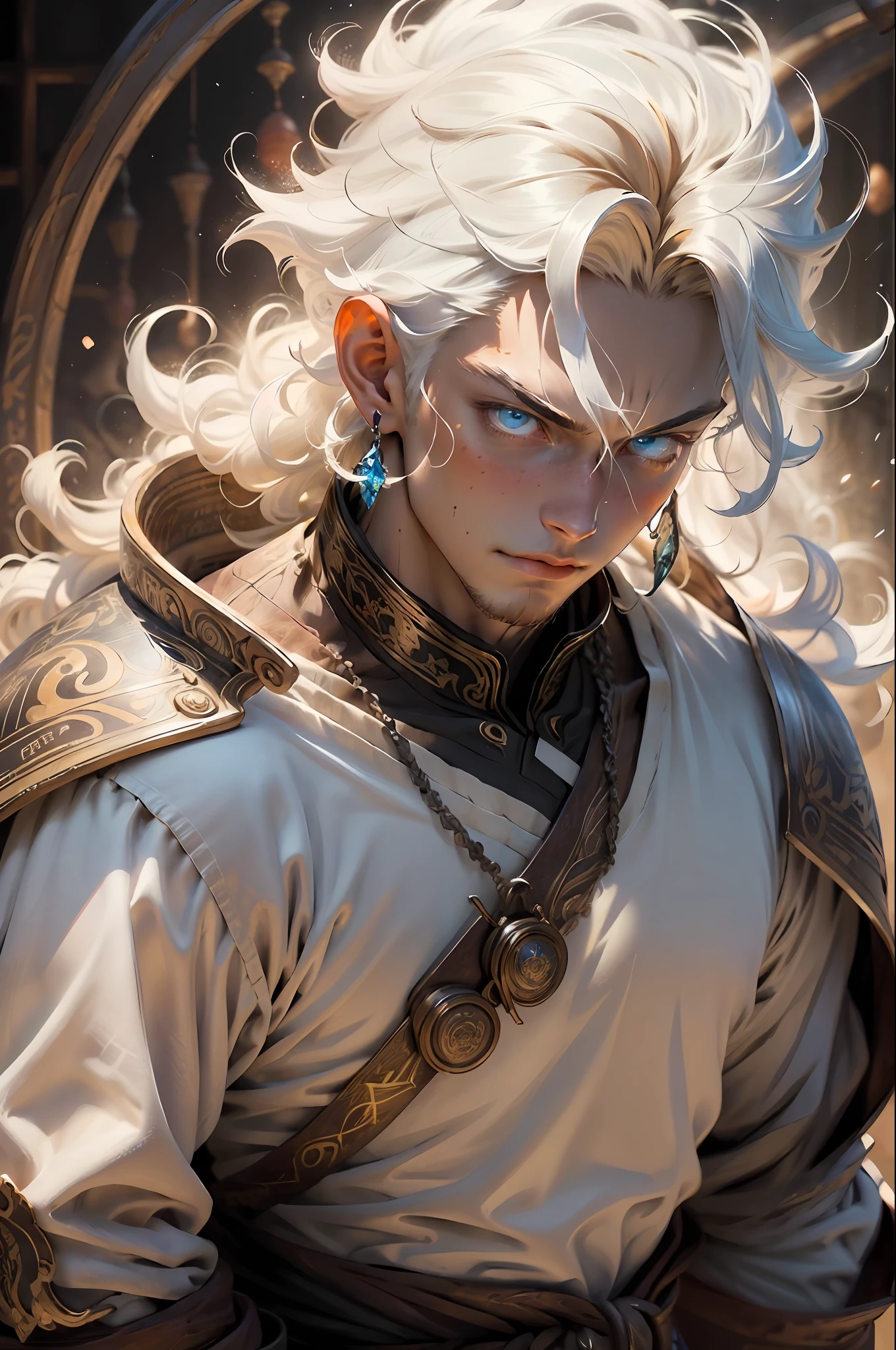 (anime artwork) hyperdetailed portrait pale man, male, white skin like quartz, sun-bleached hair, handsome, vibrant blue eyes like a gemstone, mage, fantasy, cunning, grace under pressure. [crystalline background