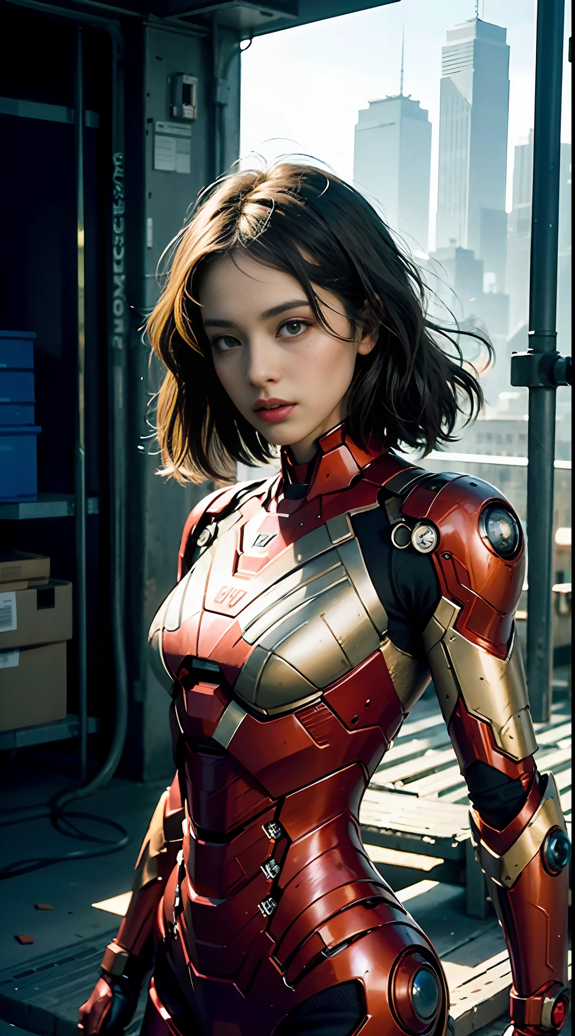 (1girl:1.3), solo,__body-parts__, official art, unity 8k wallpaper, ultra detailed, beautiful and aesthetic, beautiful, masterpiece, best quality, RAW, masterpiece, super fine photo,, best quality, super high Resolution, photorealistic, sunlight, full body portrait, stunningly beautiful,, dynamic pose, delicate face, vibrant eyes, (side view), she is wearing a futuristic Iron Man mech, red and gold, Highly detailed abandoned warehouse background, detailed face, detailed complex busy background, messy, gorgeous, milky, high detailed skin, realistic skin details, visible pores, sharp focus, volumetric fog, 8k uhd, dslr camera, High quality, film grain, fair skin, photorealism, lomography, sprawling metropolis in a futuristic dystopia, view from below, translucent