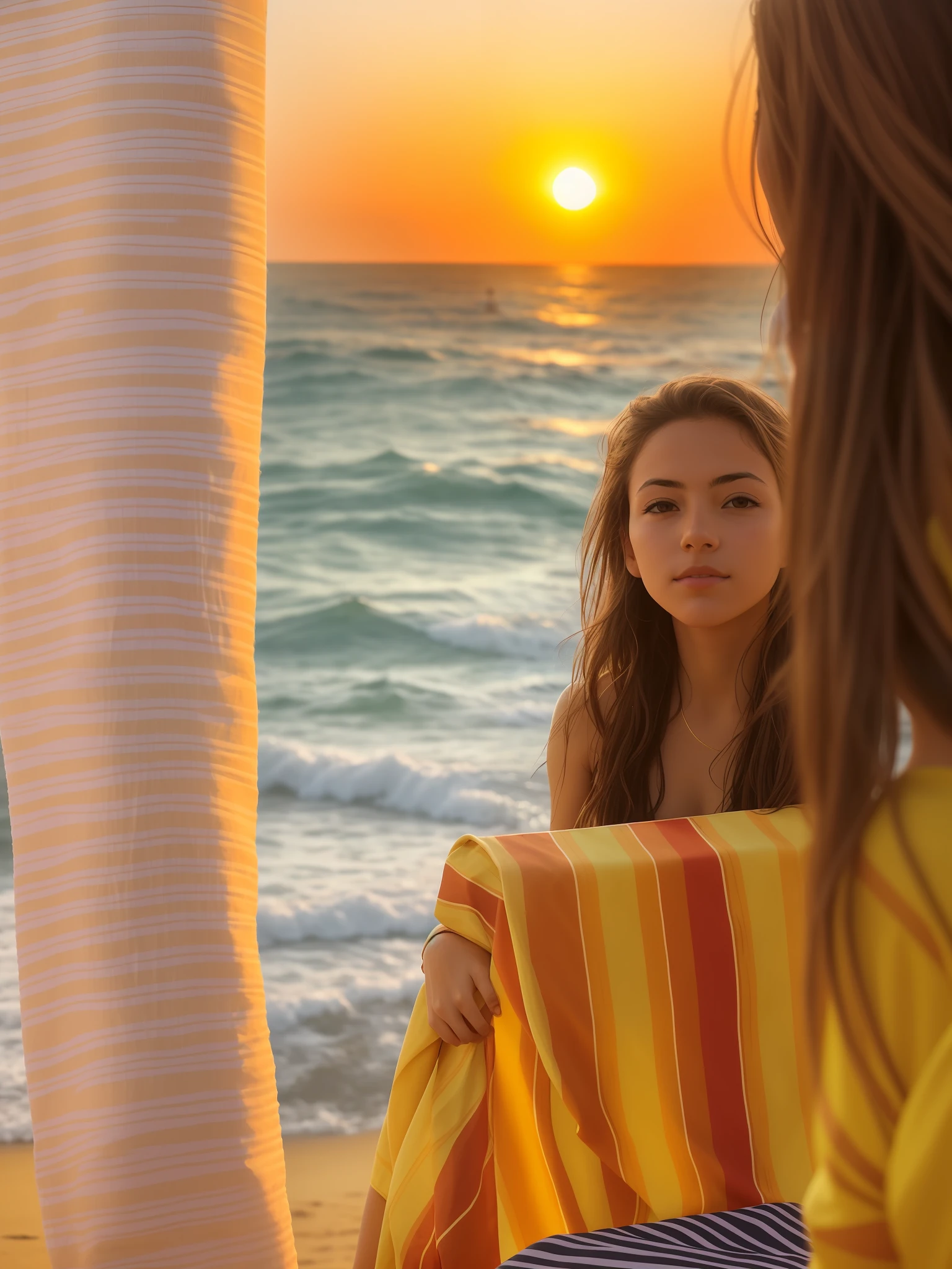 arafed girl sitting on a beach chair with a towel on her lap, near the beach, girl looking at the ocean waves, portrait shot, in a beachfront environment, lost in thought, standing near the beach, at a tropical beach, morning golden hour, in the beach, girl on the beach, side shot, wearing a towel, near the sea