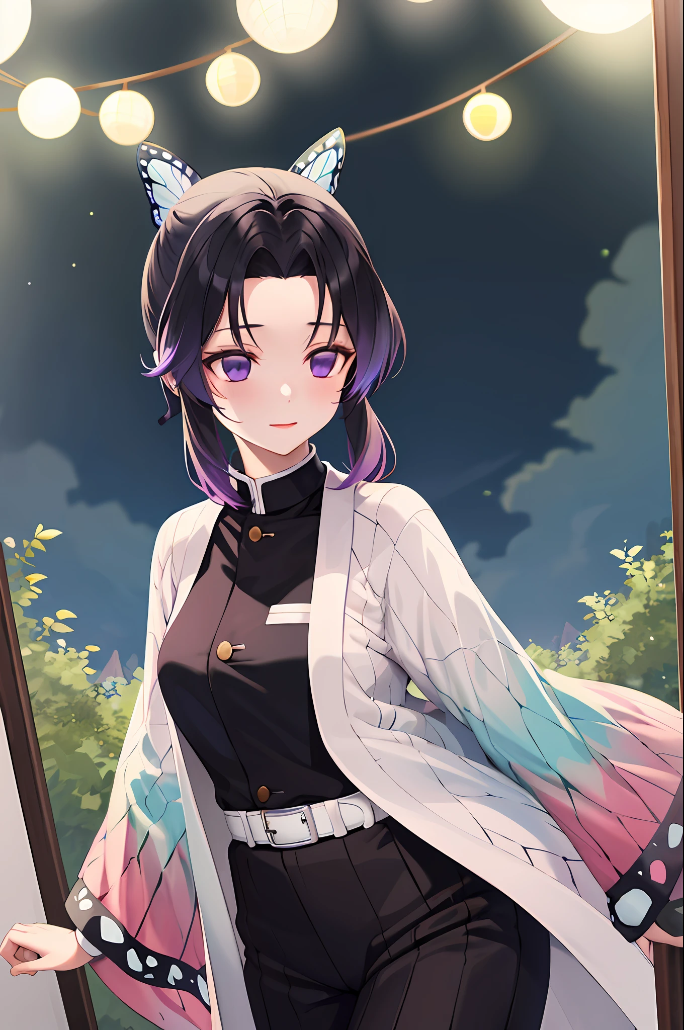 masterpiece, best quality, highres, 1girl, solo, kochou shinobu, butterfly hair ornament, purple eyes, multicolored hair, short hair, parted bangs, black pants, black jacket, long sleeves, belt, cowboy shot, forest, night, moon