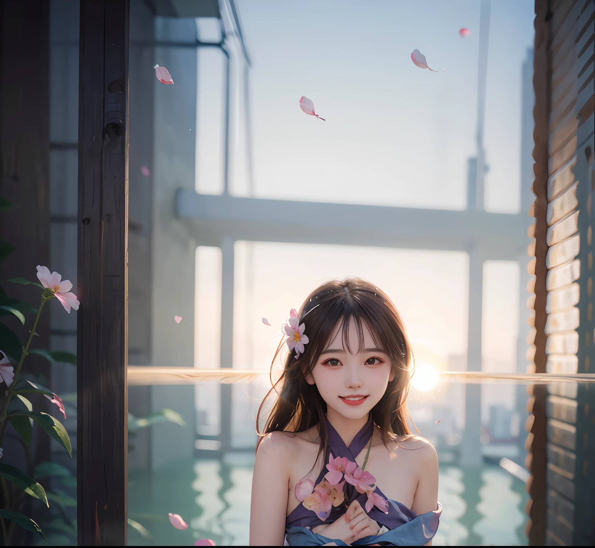 cities, hot springs, off shoulders, tanktop, sarong, depth offield, lens flares, Backlighting, flat color, fourth wall, color trace, skies, Twilight, skyline, Fluoroscopy, smileing, parted lips, nose blush, out door, beautiful details,water,,(flower petals),(1girl=1.5),(Looking back)