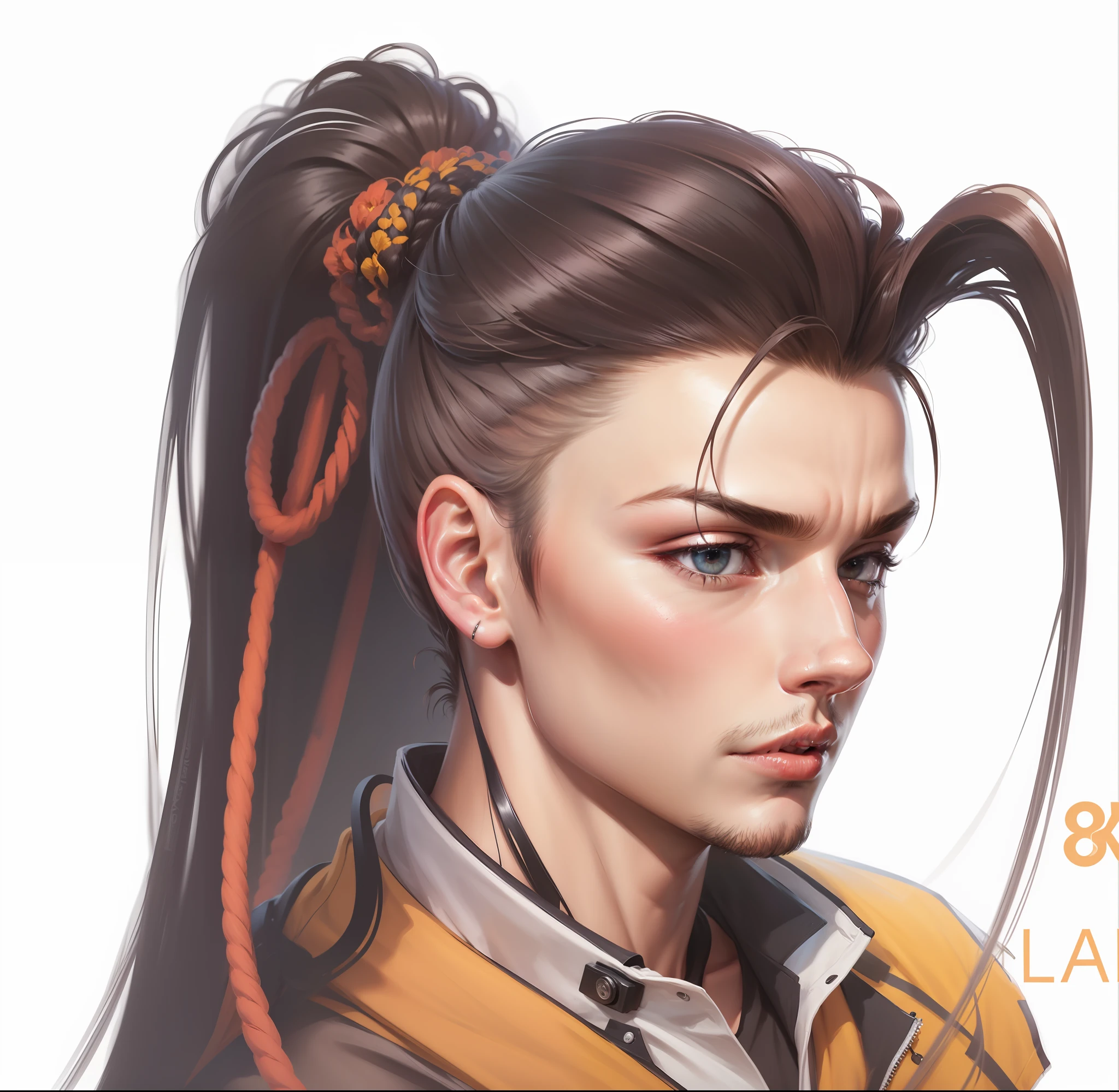 8k,Super quality,hyper realism,photore,man,delicatefeatures,up ponytail,Mohican hairstyle