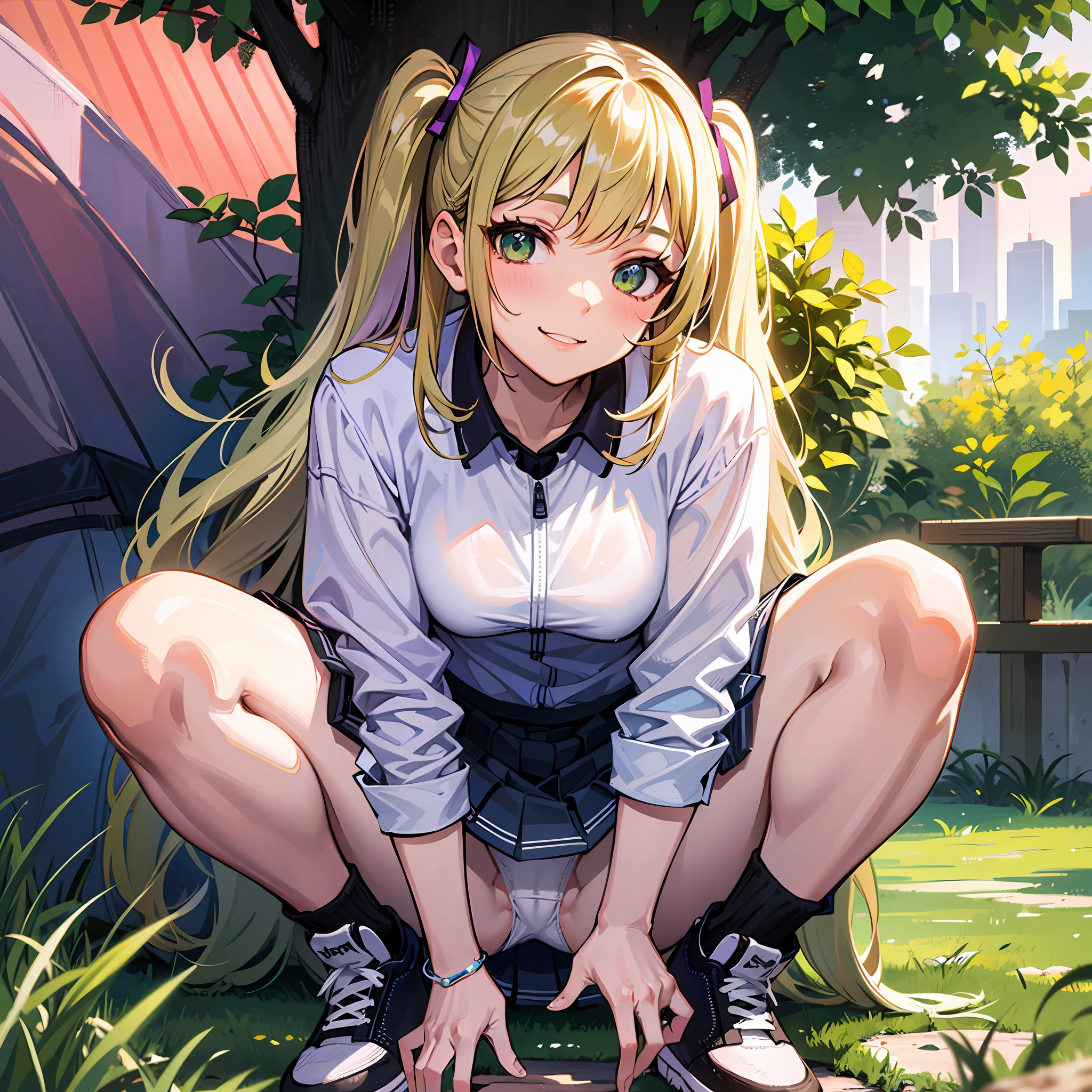 a very nice looking young woman is taking a  in her pants, 1girl, , solo, ,  pull, peeing,pubic hair, , , skirt, squatting, female pubic hair, white ,girl sitting in her purple tent outdoors waiting for her parents to show up, tent, outdoors, solo, 1girl, shoes, shirt, smile, tree, sitting, black footwear, twintails, white shirt, green eyes, pants, jacket, , sneakers, day --auto --s2