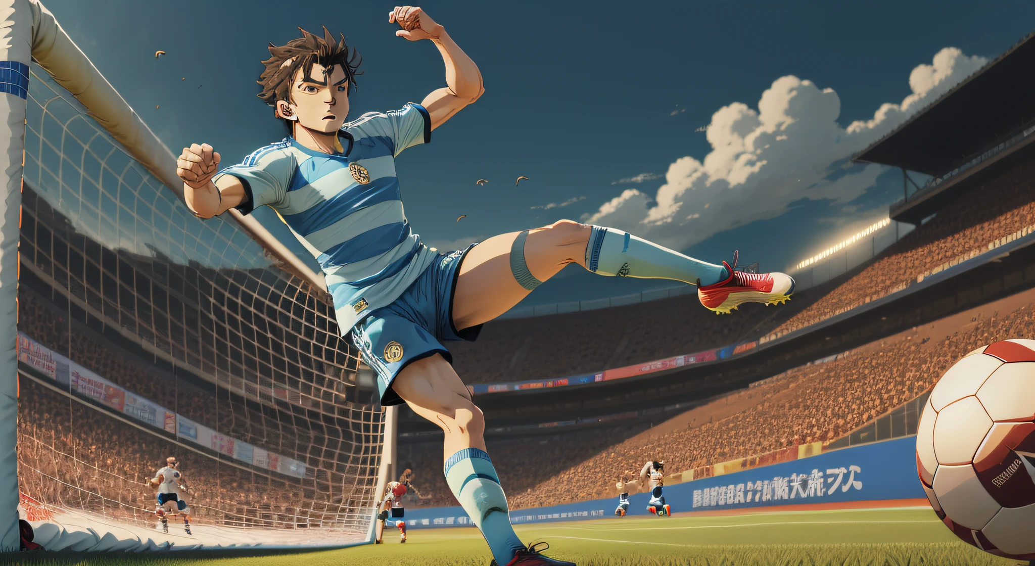 Um azul-Anthropomorphic anime-style lion playing Brazilian fultbool on a soccer field The lion is wearing a light blue and white striped shirt not't have any kind of symbol or number on the shirt the lion is striking a pose to kick at goal. The lion's color is blue and he has the evil face. Personagem em primeira pessoa. Position about to kick the ball into goal stilo Hayao Miyazaki The Journey of Chihiro