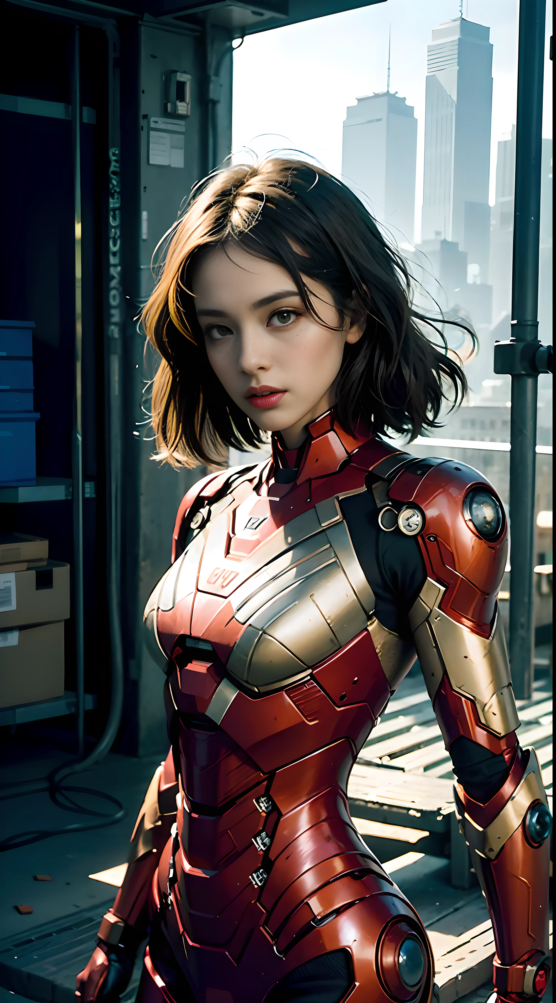 (1girl:1.3), solo,__body-parts__, official art, unity 8k wallpaper, ultra detailed, beautiful and aesthetic, beautiful, masterpiece, best quality, RAW, masterpiece, super fine photo,, best quality, super high Resolution, photorealistic, sunlight, full body portrait, stunningly beautiful,, dynamic pose, delicate face, vibrant eyes, (side view), she is wearing a futuristic Iron Man mech, red and gold, Highly detailed abandoned warehouse background, detailed face, detailed complex busy background, messy, gorgeous, milky, high detailed skin, realistic skin details, visible pores, sharp focus, volumetric fog, 8k uhd, dslr camera, High quality, film grain, fair skin, photorealism, lomography, sprawling metropolis in a futuristic dystopia, view from below, translucent