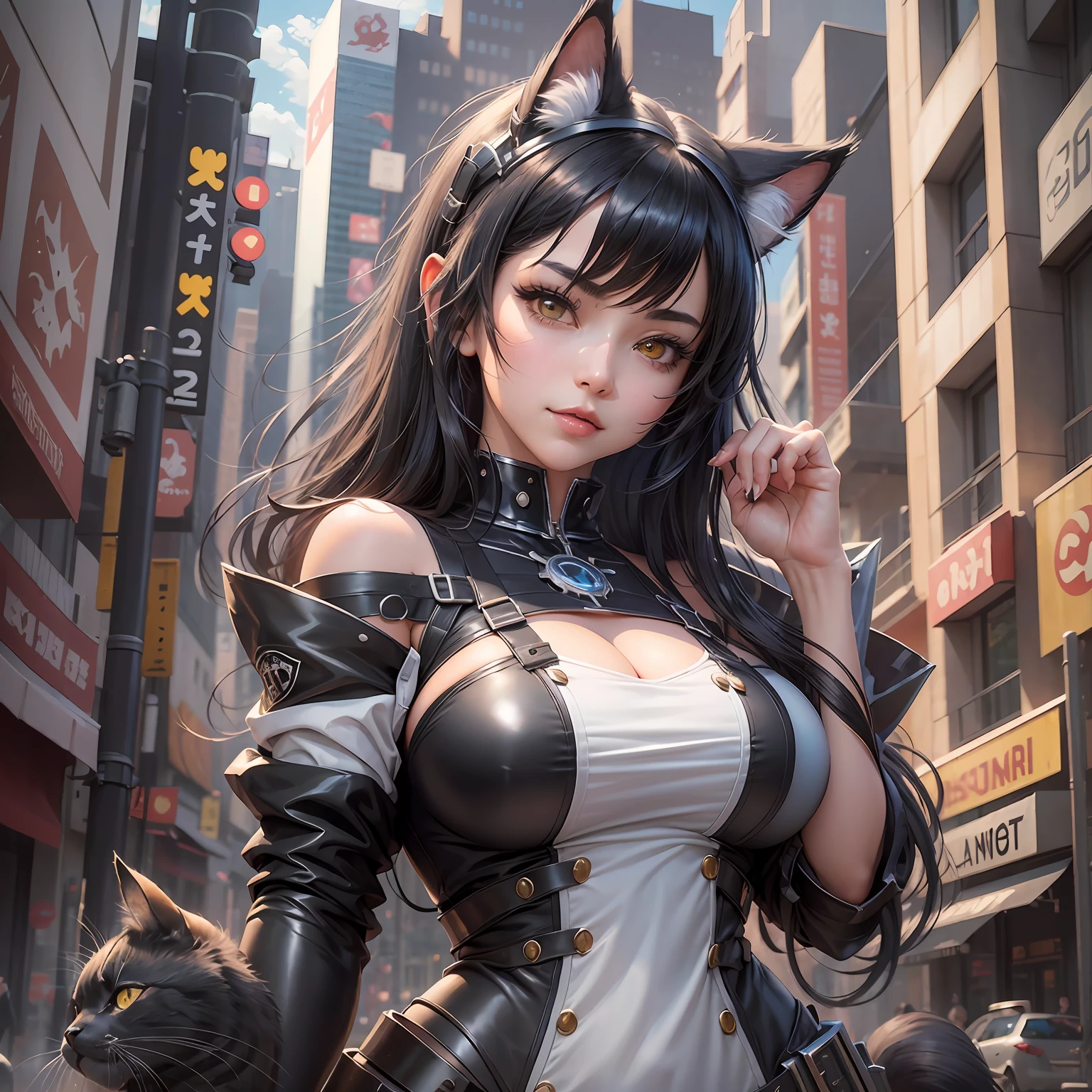 Master peace、、sthe highest qualit、(((Realstic、pfotorealistic:1.37)))、8k、an extremely delicate and beautiful、Splendid、Official art with attention to detail、Ridiculous、Incredibly ridiculous、Huge File Size、Super Detailed、highlydetailed、(Beautiful Detailed Girl)、highly detailed eyes and faces、Beautiful Detailed Eyes、Light on the face、nsfw、(1人の女の子)、Watch your audience、(perfect women figure)、A slim waist、((Korean beauty))、all body、big Chest、Standing, ((Little Devil)), cat ear、combat uniform、abdomen, With bangs, Feminine look 、Grinning、 --auto