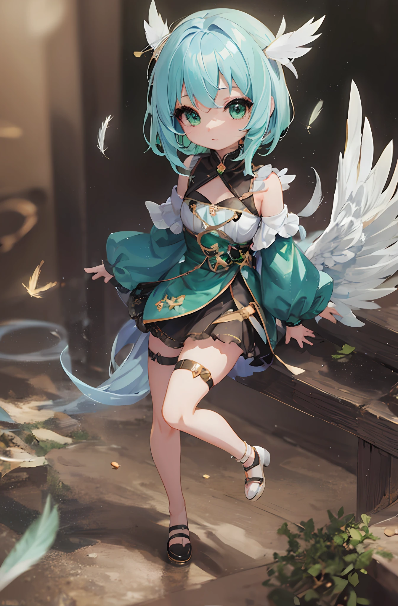 One anime angel doll, (Chibi: 1.2), 8K high quality detail art, white feathers on the back, emerald green hair, gradient, twinkle, style as Nendoroid, stylized anime, anime style 4K, cute detailed digital art, Guweiz style artwork, 8K octar rendering photos, advanced digital chibi art, Cute 3d render, anime style, light, glow