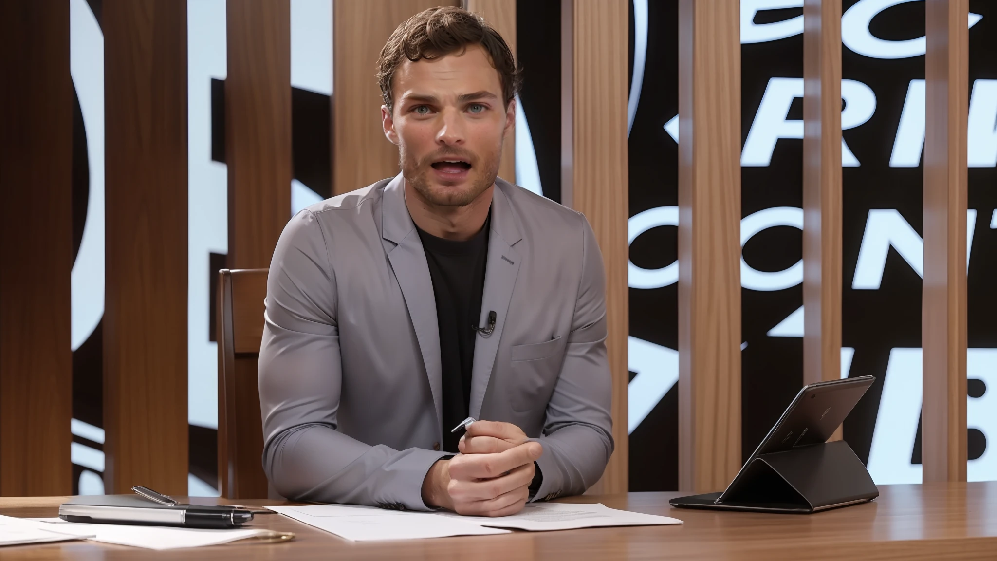 Jamie Dornan usando terno, ultra realista, 8k, extremamente detalhado, com barba escura, na melhor qualidade, homem semelhante ao ator Jamie Dornan, professor, com barba, em uma sala de aula, and in his hands a pen.
