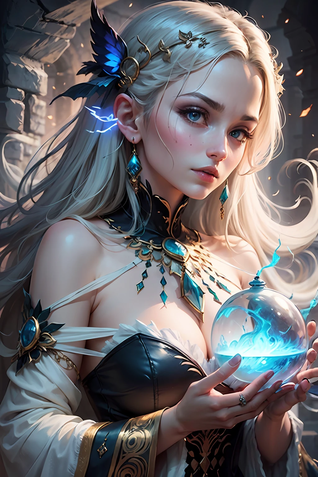 a beautiful sorceress in a gloomy cave. Create an enchanting artwork that showcases the sorceress's allure, power, and the mystical ambiance of her surroundings. Position the sorceress as the central figure in the composition, radiating confidence and magic. Pay close attention to her facial expression, emphasizing a mix of wisdom, mystery, and determination. Capture her beauty through intricate details in her features and a sense of ethereal grace in her pose. Design an elaborate robe for the sorceress, combining elegance and hints of otherworldly elements. Use flowing fabrics, rich textures, and ornate patterns to convey her status as a master of the arcane arts. Consider incorporating symbolic motifs that represent her magical prowess, such as celestial symbols or arcane runes. Set the scene within a gloomy cave, bathed in dim lighting. Use deep shadows and contrasting highlights to create a sense of mystery and depth. Add details to the cave walls, such as ancient symbols, glowing crystals, or creeping vines, to enhance the magical atmosphere and hint at hidden secrets. Illuminate the sorceress with a soft, ethereal light source emanating from her hands or a magical artifact. Use this lighting to create an otherworldly glow that adds a sense of enchantment and draws attention to her magical abilities. Surround the sorceress with subtle magical elements to further enhance the scene. This could include floating orbs, wisps of mystical energy, or arcane symbols lingering in the air. These elements will contribute to the overall ambiance and convey the sorceress's connection to the arcane forces she commands. --auto --s2