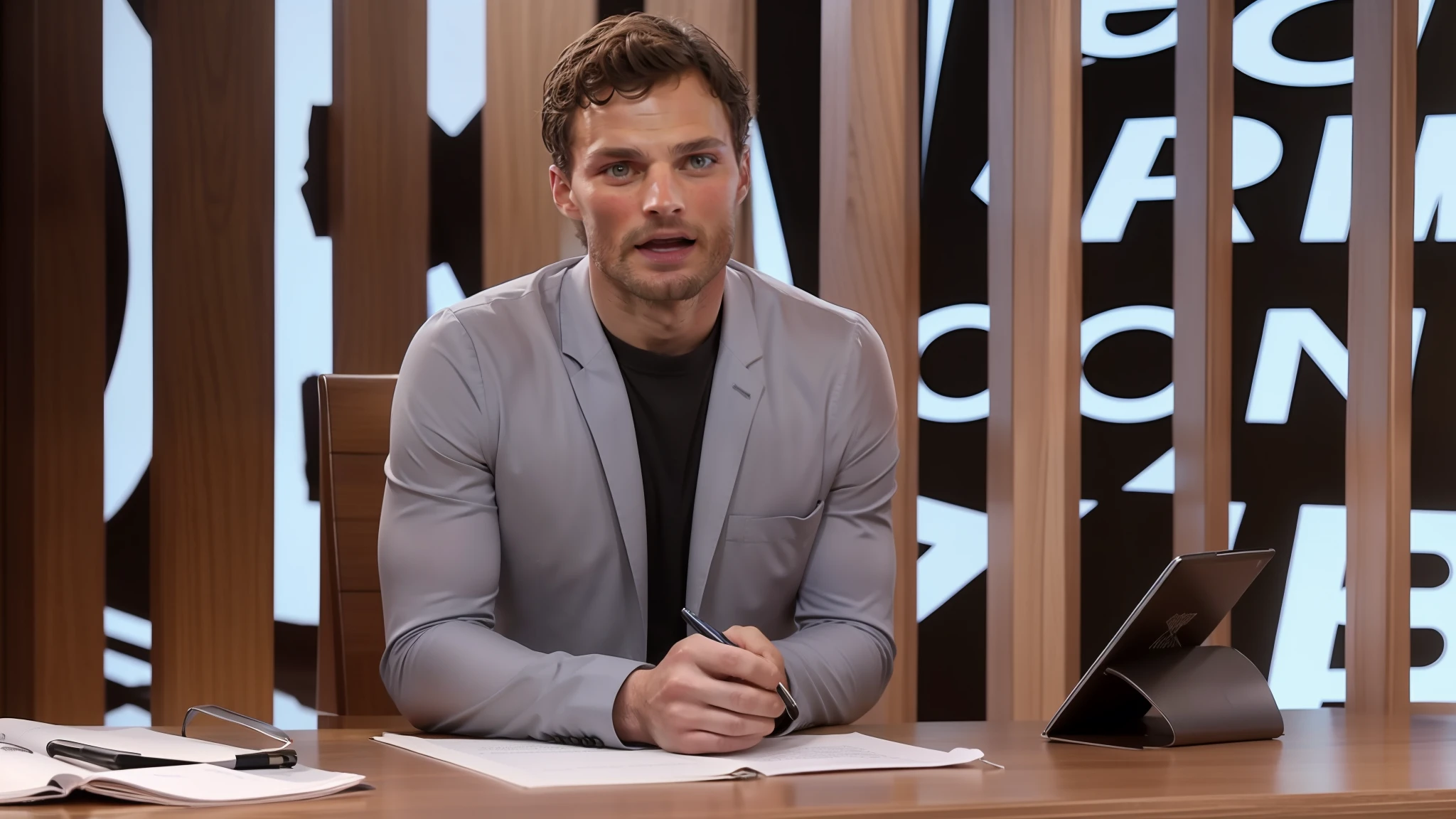 Jamie Dornan usando terno, ultra realista, 8k, extremamente detalhado, com barba escura, na melhor qualidade, homem semelhante ao ator Jamie Dornan, professor, com barba, em uma sala de aula, and in his hands a pen.