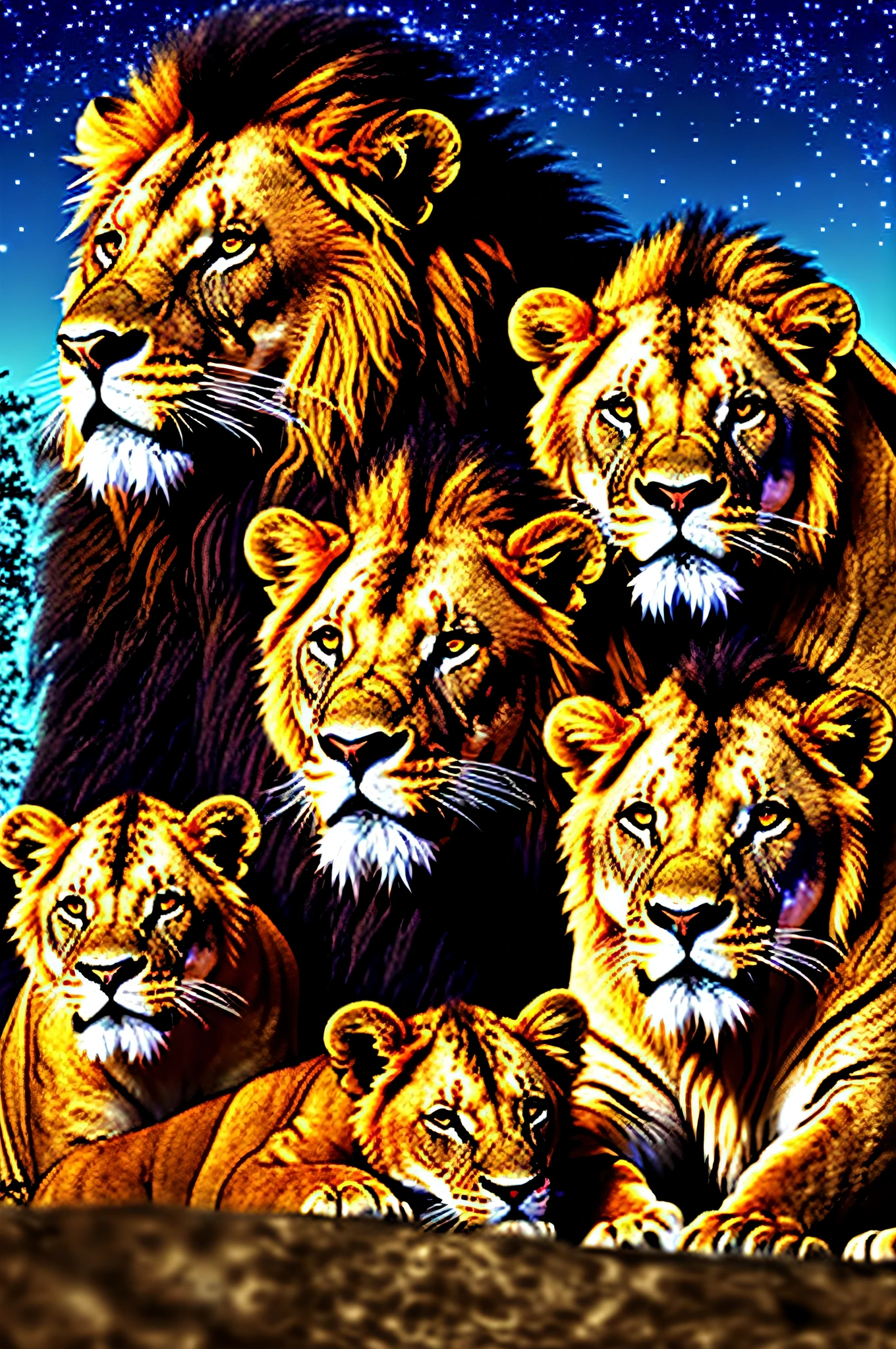 Lion family with cubs bluish night background