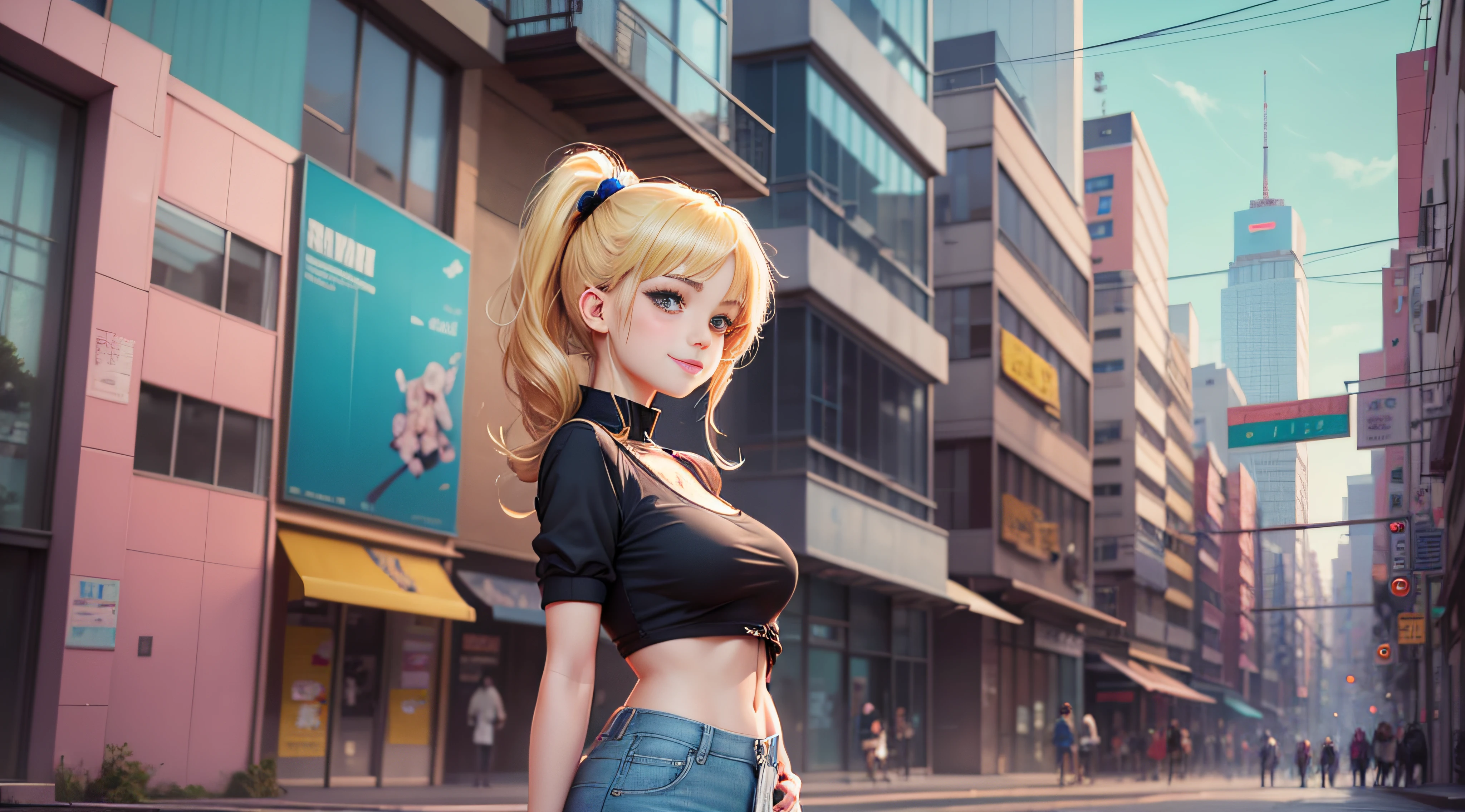 Blonde anime girl in a black top standing big bust smiling on a neon anime style city street. 8k, fanart menina urbana, digital anime illustration, estilo animê 4 k, arte digital do anime , arte digital estilo anime, elogiar artstyle, anime style illustration, menina lofi, Art not Guweiz style, estilo anos 80 anos 80s 1980 digital | | | | | | - arte de anime, em estilo anime anime anos 1980 --auto