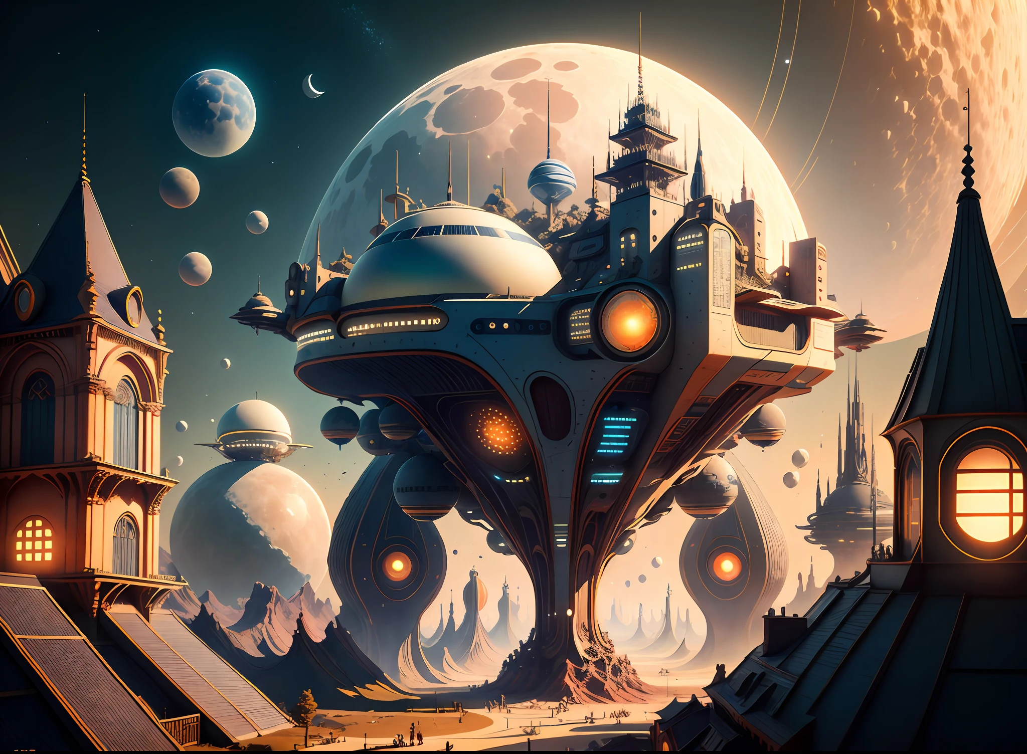 ,Get up close to the town on the alien planet，hyper detailed，an ultra realistic，64k，Bright and vivid colors，Four moons，Flying spaceship，cinematic ligh，Studio lighting