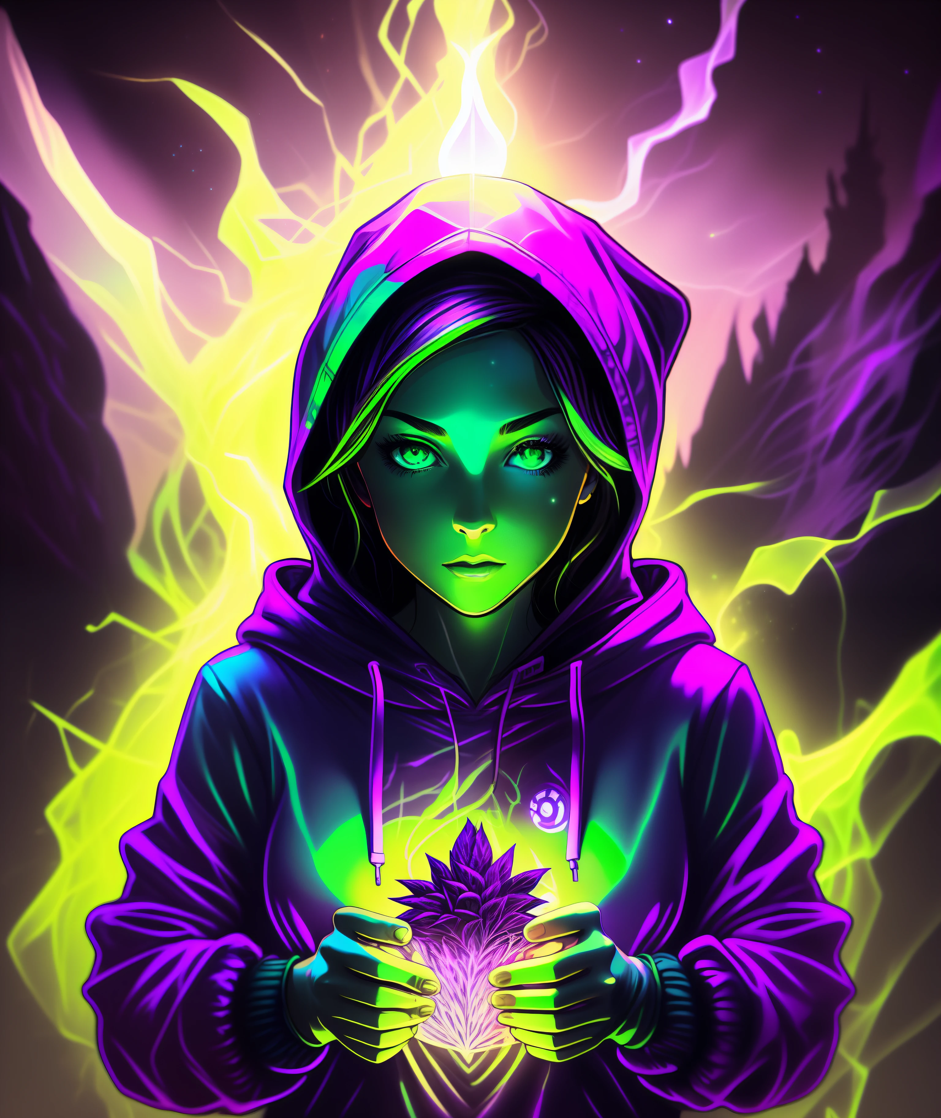 a woman in a hoodie holding a green and purple light