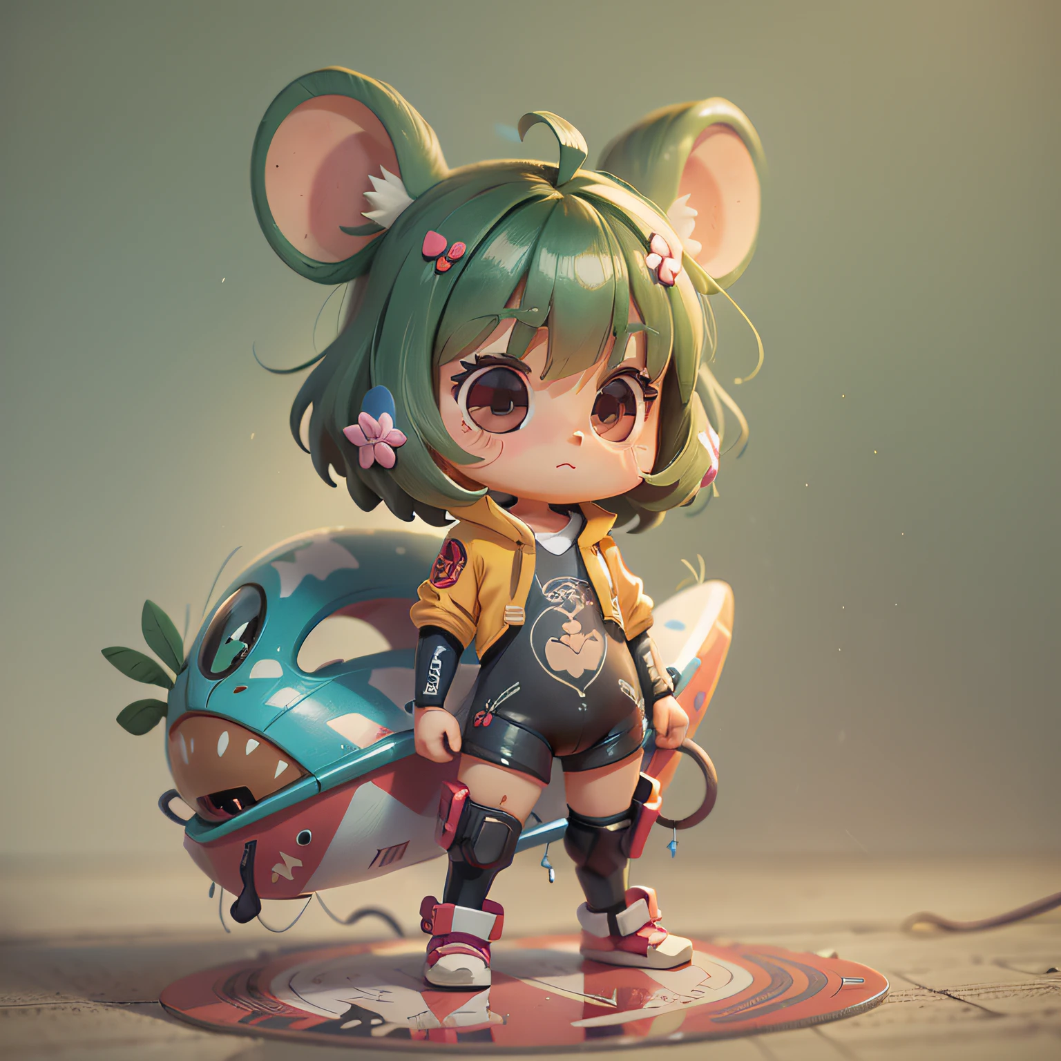 chibi, mouse, cute, surfer, bigbadejo, full body, masterpiece, 3D Rendering, Best Quality, Lots of Detail, (plain background), vinyl toy figurine