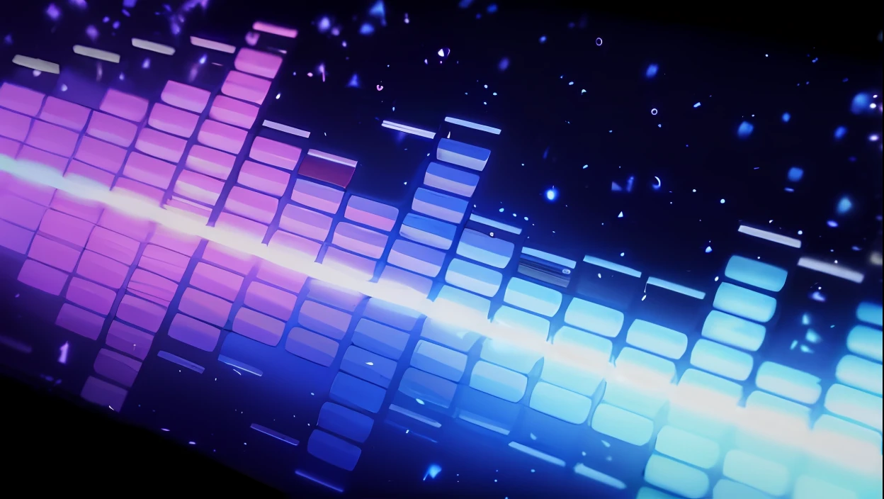 um close up de um teclado de computador com um fundo brilhante, dubstep visualizado, Syntheonda, electronic music, onda de sintetizador neon, visable sounds waves, video de musicas, arte de fundo, onda sonora, audio waveform, wave frequencies, trance music, DJ, ondas sonoras, fundo Synthonda, fundo do projetor techno neon, Synth - onda, Synth-onda
