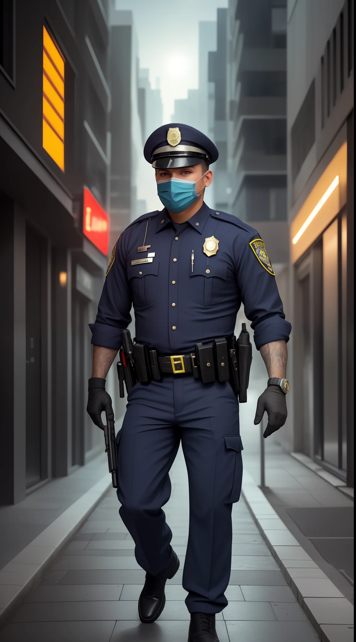 ((best qualidade)), ((obra prima)), Depict a policeman wearing a skull mask, actively patrolling the streets of an urban cityscape at nighttime. A cena deve ser iluminada por luzes neon vibrantes, creating an atmospheric and mysterious ambiance. O policial's attire and overall appearance should be rendered with realistic details, highlighting the texture of the mask and uniform. The artwork should be created using digital painting techniques, allowing for precise and intricate rendering. O estilo da obra de arte deve ser corajoso e ousado, capturing the essence of urban life and law enforcement. O esquema de cores escolhido deve consistir em cores escuras e contrastantes, enhancing the dramatic mood of the scene. A arte deve ser da mais alta qualidade, garantindo clareza e nitidez, immersing the viewer in this captivating and enigmatic urban setting.