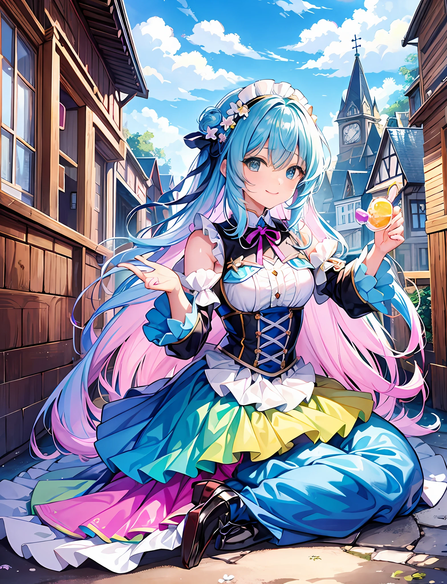 Warrior Pose, RPG, (Has Holy Sword Excalibur: 1.5), Holy Knight Costume, Town, Yumekawa, Cute Like a Dream, Jewels, (Masterpiece, Top Quality, Best Quality, Official Art, Beautiful and Aesthetic: 1.2), (Girl: 1.3), Super Smile, Fun Pose, Gothic ta Fashion, , Pattern, BREAK, (Colorful Pastel Hair: 1.2), BREAK, soap bubbles, rainbow behind, clouds, colorful, soap bubbles, cute, pastel,