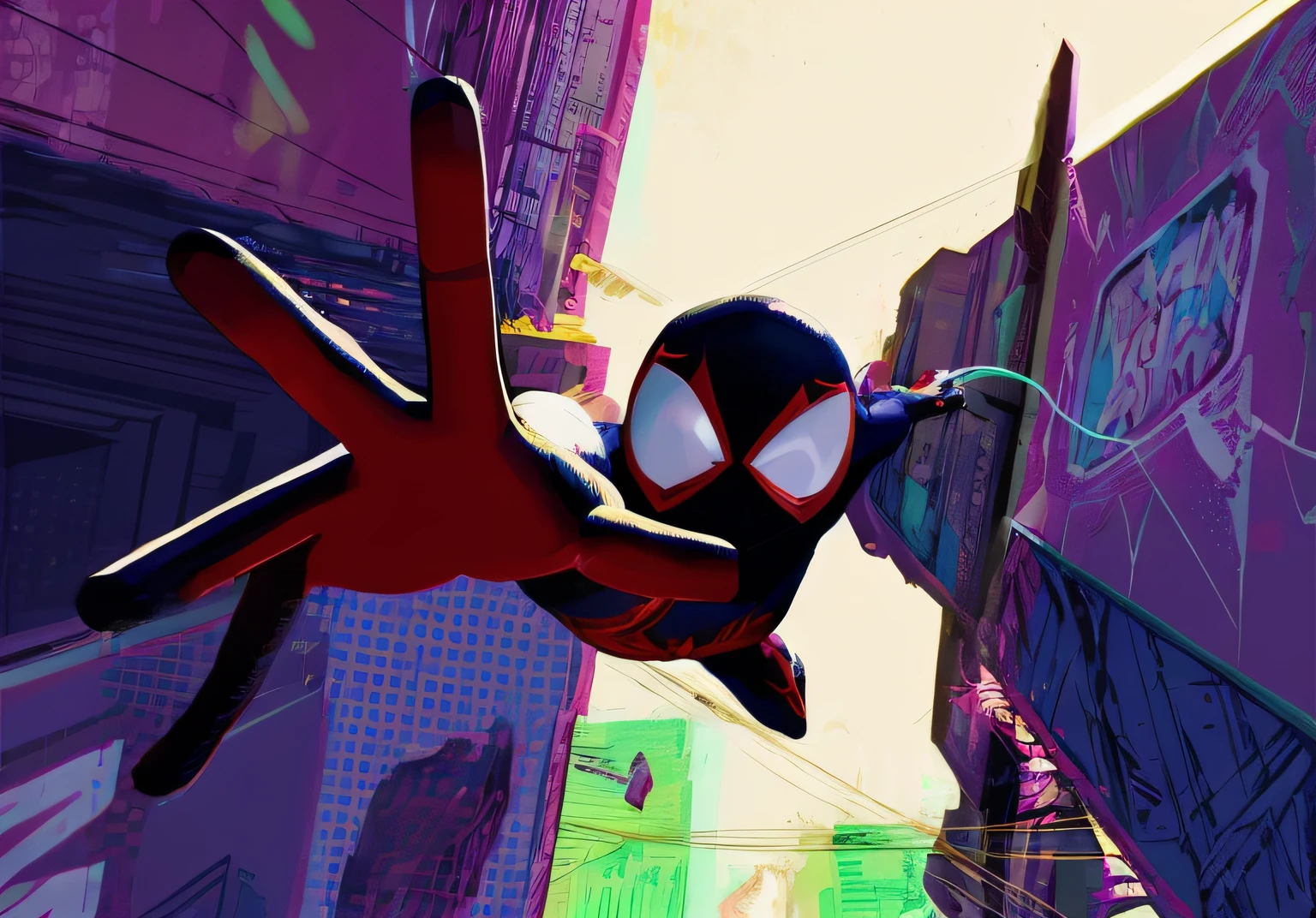 aranha - homem em um terno voando pelo ar em uma cidade, no aranhaverso, no aranhaverso, aranhaverso, aranha - estilo de arte do verso, Miles Morales, Miles Morales!!!, Donald Glover como Miles Morales, animated film, aranha-homem as, aranha - homem as, Estilo futurista Homem-Aranha, hero pose colorful city lighting, filme animado filmado, DESENHO REALISTA, UTRA REALISTA, GLITCH SCENARIO