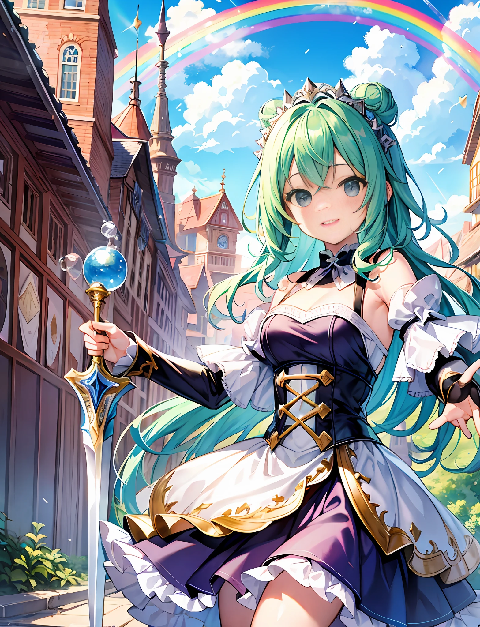 Warrior Pose, RPG, (Has Holy Sword Excalibur: 1.5), Holy Knight Costume, Town, Yumekawa, Cute Like a Dream, Jewels, (Masterpiece, Top Quality, Best Quality, Official Art, Beautiful and Aesthetic: 1.2), (Girl: 1.3), Super Smile, Fun Pose, Gothic Lolita Fashion, , Pattern, BREAK, (Colorful Pastel Hair: 1.2), BREAK, soap bubbles, rainbow behind, clouds, colorful, soap bubbles, cute, pastel,