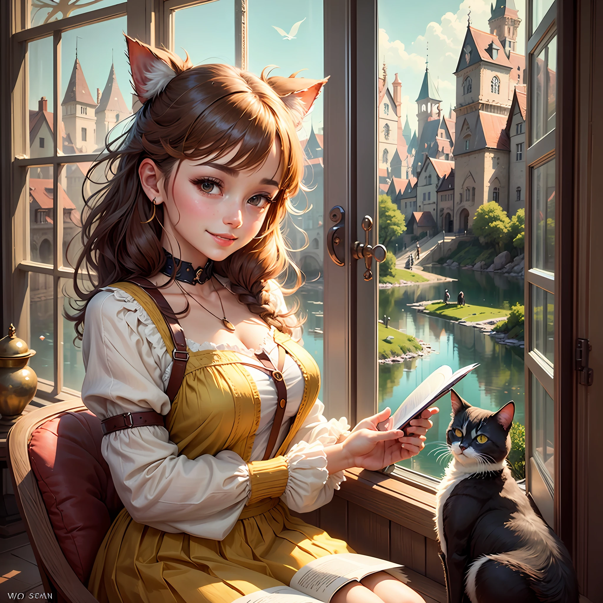 best quality, masterpiece, anime style,I want an ebook cover as if it were an illustration, containing a -seld gi, Brunette, Window、Outside is a lake、with a book in her hand, and a beautiful pet cat, in a beautiful and golden old castle, the girl is super happy and smiling ,Super beautiful background drawn by WLOP,, Looking at the viewer gently and affectionately, like a goddess --auto --s2