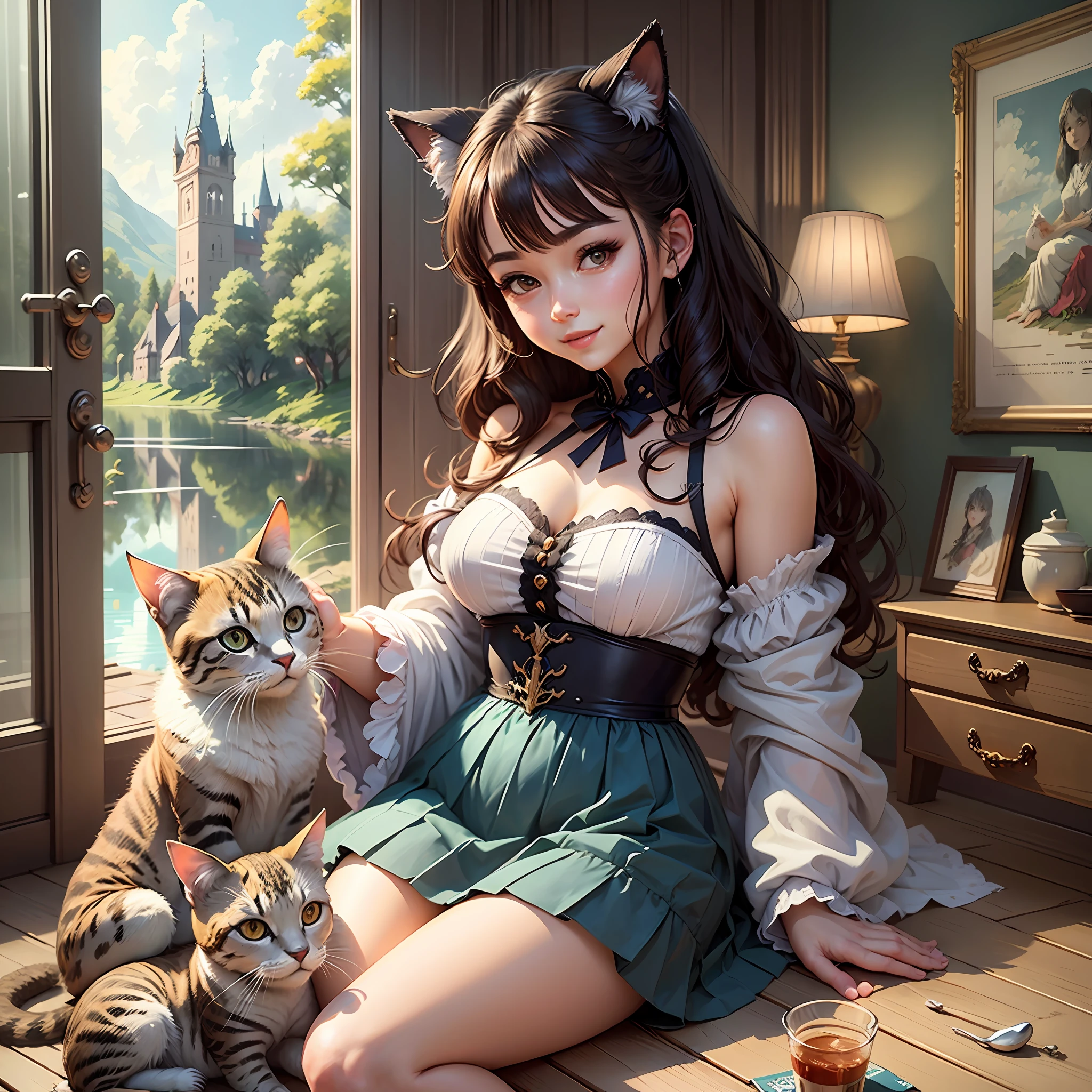 best quality, masterpiece, anime style,I want an ebook cover as if it were an illustration, containing a 10-sena-old girls, Brunette, Window、Outside is a lake、with a book in her hand, and a beautiful pet cat, in a beautiful and golden old castle, the girl is super happy and smiling ,Super beautiful background drawn by WLOP,, Looking at the viewer gently and affectionately, like a goddess --auto --s2