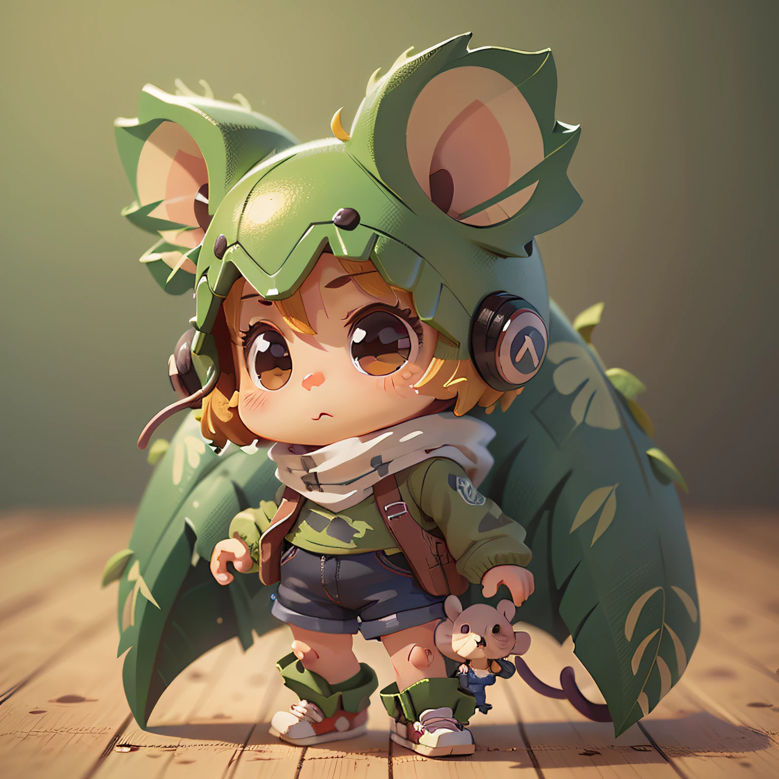 chibi, mouse, cute, surfer, bigbadejo, full body, masterpiece, 3D Rendering, Best Quality, Lots of Detail, (plain background), vinyl toy figurine