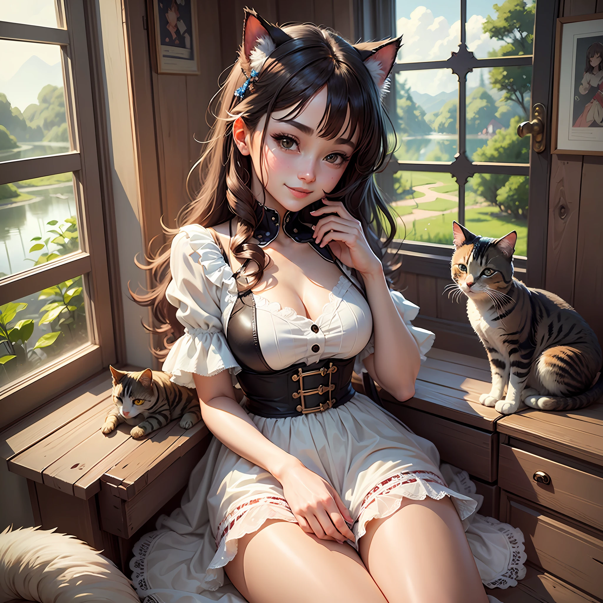 best quality, masterpiece, anime style,I want an ebook cover as if it were an illustration, containing a 10-sena-old girls, Brunette, Window、Outside is a lake、with a book in her hand, and a beautiful pet cat, in a beautiful and golden old castle, the girl is super happy and smiling ,Super beautiful background drawn by WLOP,, Looking at the viewer gently and affectionately, like a goddess --auto --s2