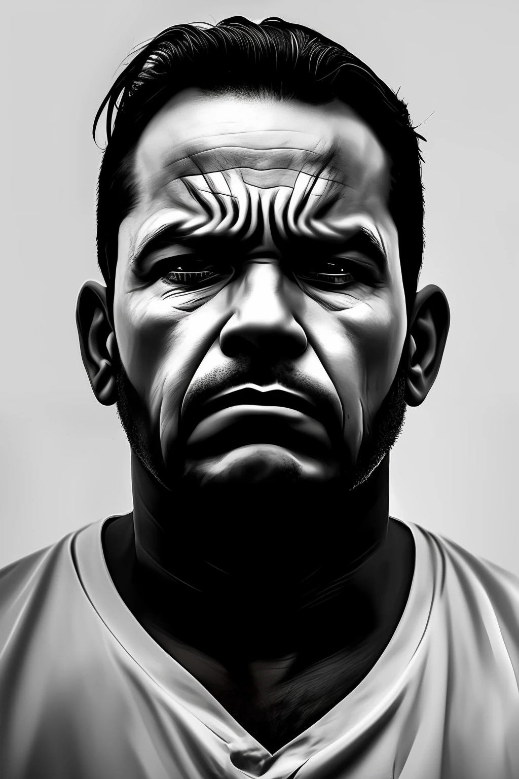 Image of a man with an expression of anger and despair, envolto em sombras.