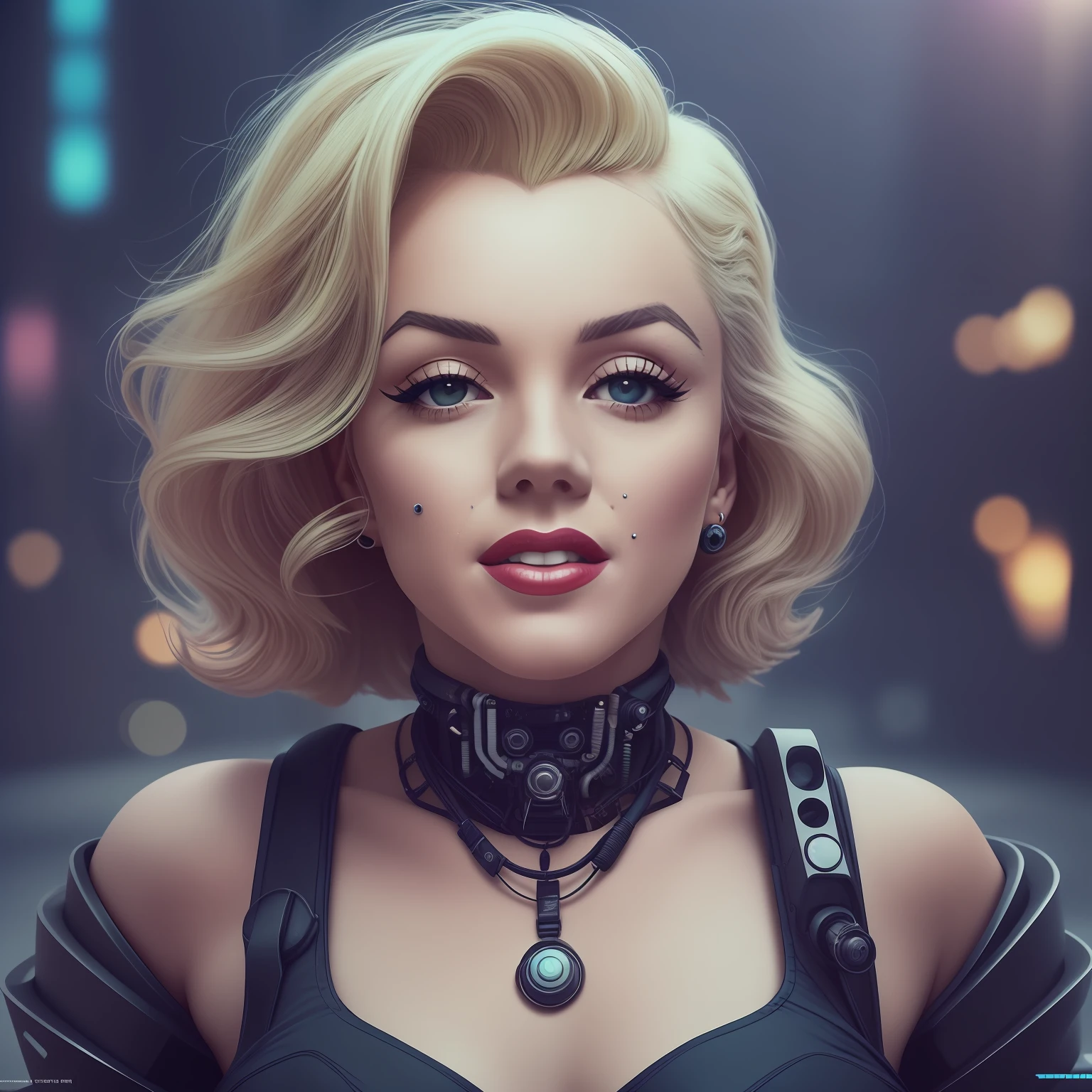 mulher ,corpo inteiro, Marilyn Monroe, ((cyberpunk)), (vestido branco), Robotic details, Estilo Marilyn Monroe, Sam Shaw, symmetrical face, realista, futurista, cidade futurista, noite, luzes futuristas, alto detalhe, cinematic lighting, reflection light, macro foto, pele texturizada, super detalhe, Detalhes altos, de alta qualidade, 8k, HD, 8k