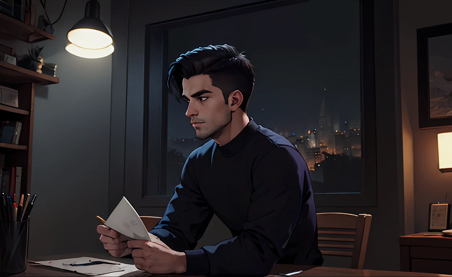 Lofistudy, 1man, roupas modernas, Dark scenery almost black, sentado na mesa, de lado, escrita, papel, janela, Fundo de cidade grande