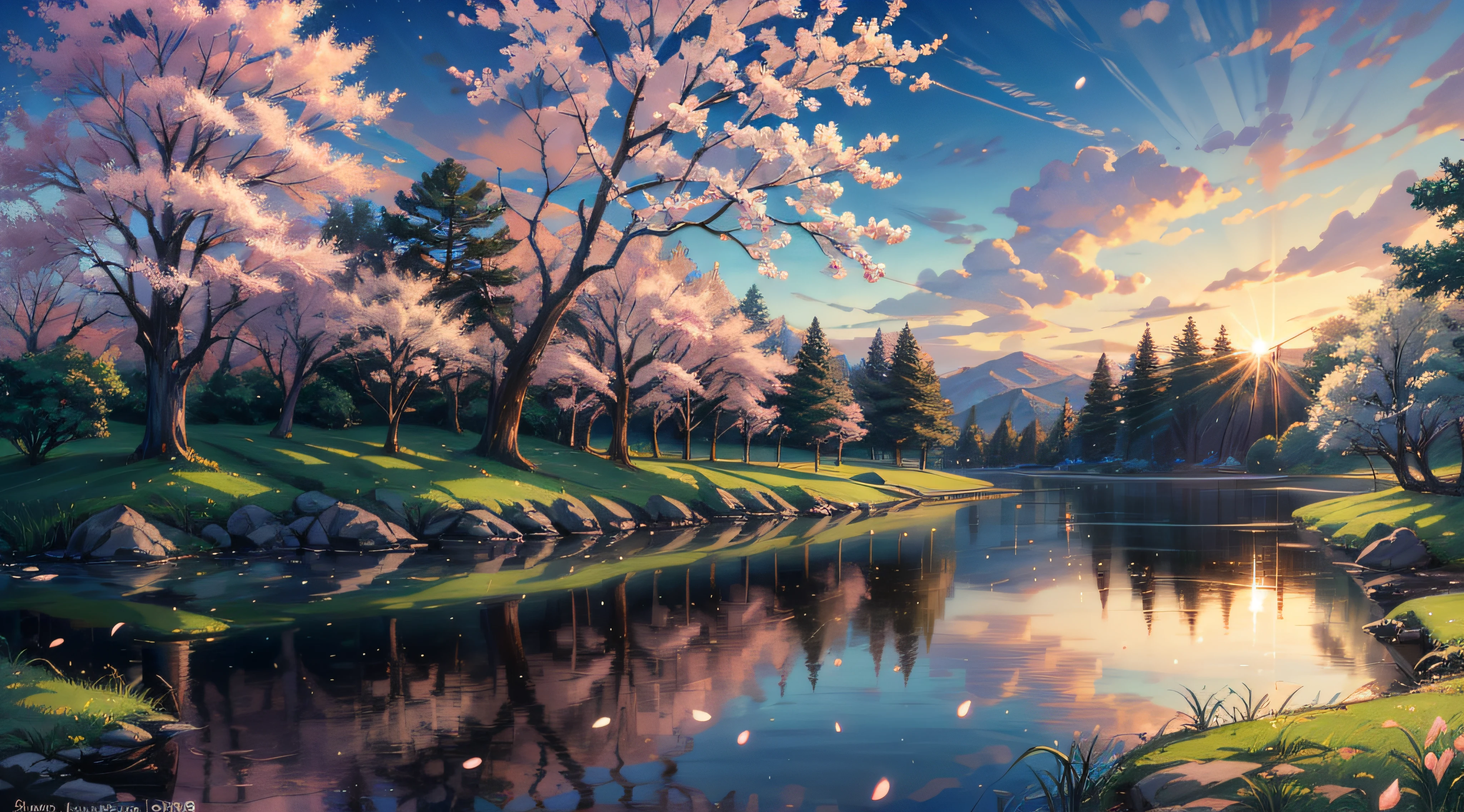 Painting of a beautiful sunset with a river and trees - SeaArt AI