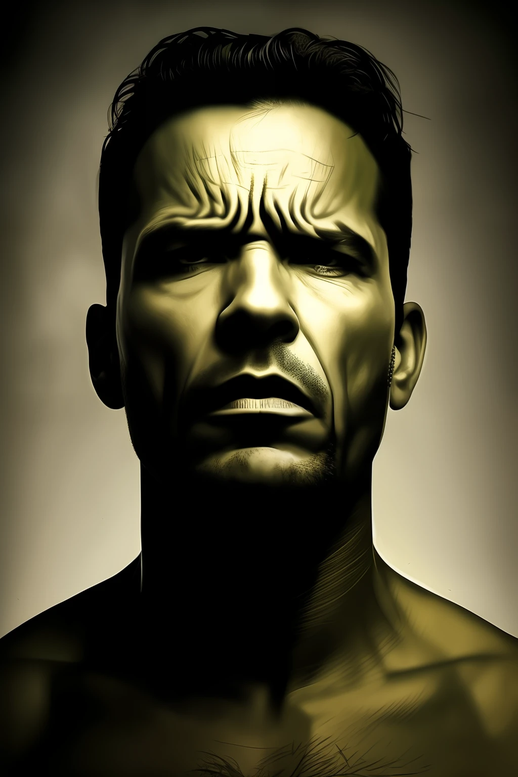 Image of a man with an expression of anger and despair, envolto em sombras.