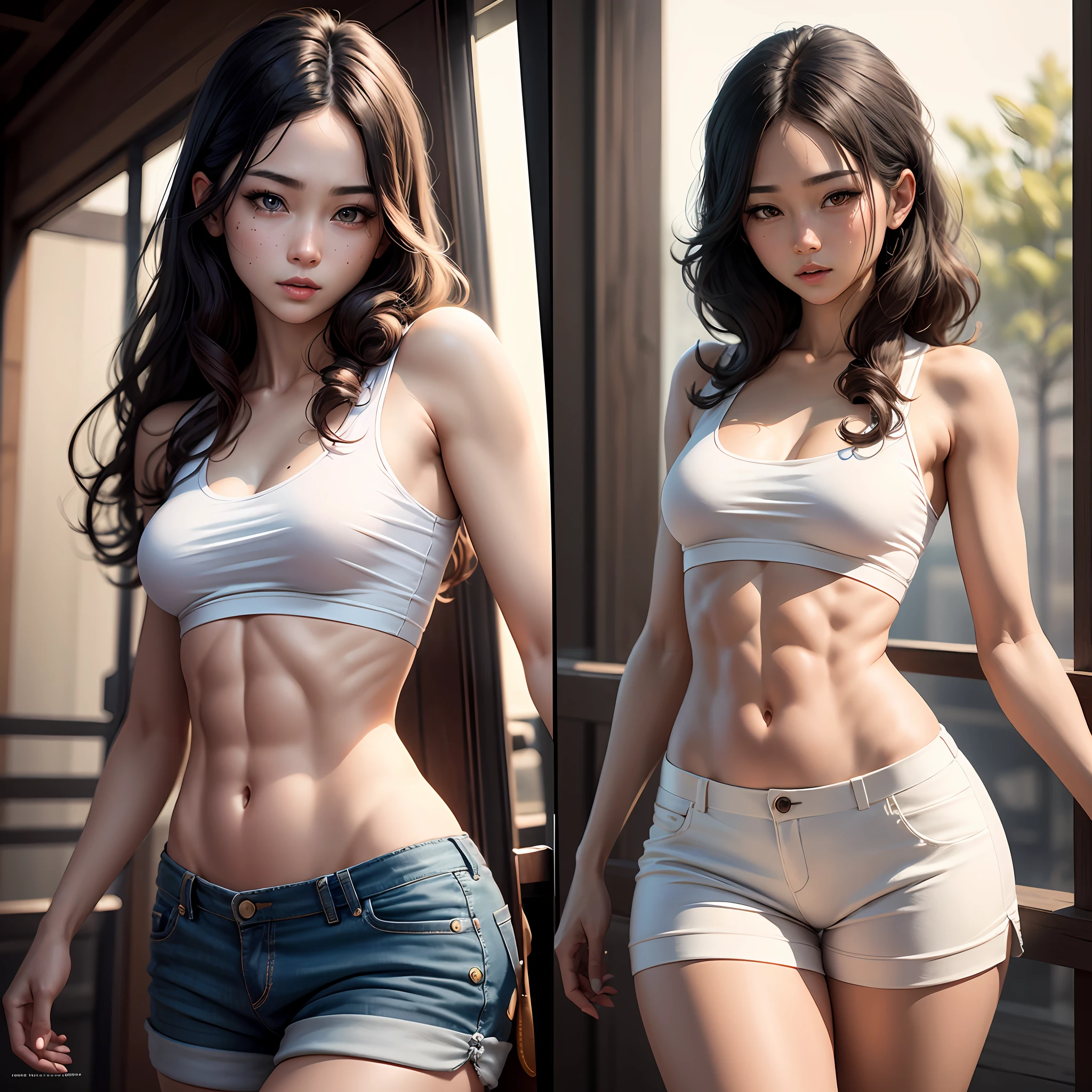 (an ultra realistic), (An illustration), (Highres), (8K), (highlydetailed), (the best illustration), (Beautiful Detailed Eyes), (sthe highest qualit), (Super Detailed), (Master peace、), (Wallpapers), (Detailed Face), ソロ1女の子, white wavy hair, Japan persons, Iris heterochromic eyes, Small moles under the lips, loose white shirt, hot pants、,, Long legs, tight abs, Temples --auto
