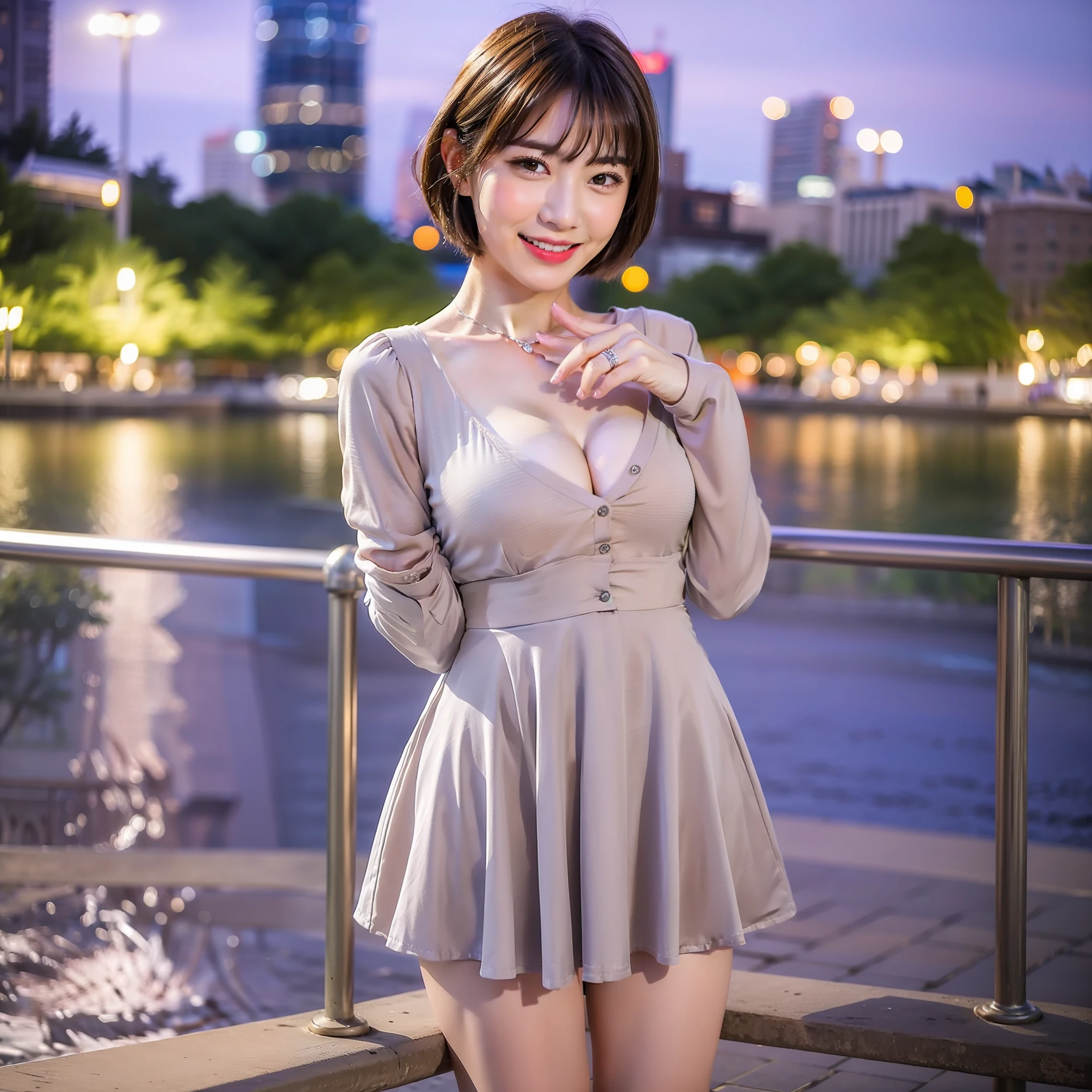 Generate a short-haired beauty with a happy expression while staring at the ring on her left hand in a beautiful park with a night view。She is neatly dressed and has large breasts that do not resemble a delicate body.。The city lights seen from the park at night are very beautiful and complement her charm.。