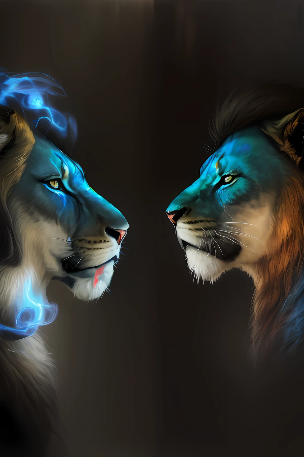 araffes are looking at each other in the dark, lions, face sobre face, 3 0, airbrush digital art, arte digital animal foto, airbrush art, papel de parede", roaring blue lion. majestoso, unbelievable, Arte deslumbrante, lion, breath taking, gelo e fogo, fogo e gelo, incredible art, Direction: Willy Bo Richardson, air brush art, 50