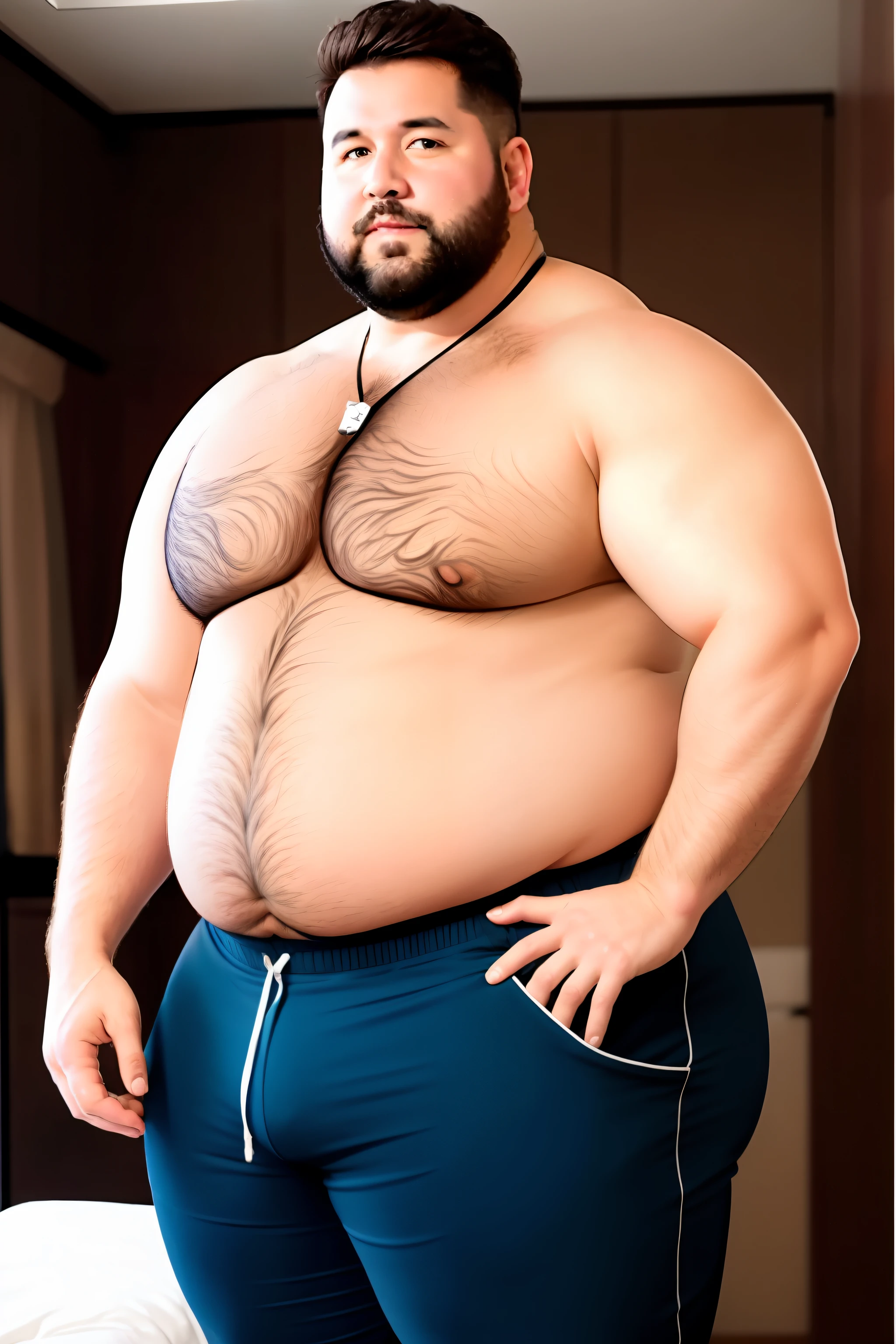 arafed man in a black leather brief, inspired by Fernando Botero, beefy, robust stocky body, buff man, attractive beefy man, half man half asian black bear, burly man, sumo wrestler, big belly, heavy looking, full bodied portrait, strong fat bacchanalian body, man bear pig, fat belly