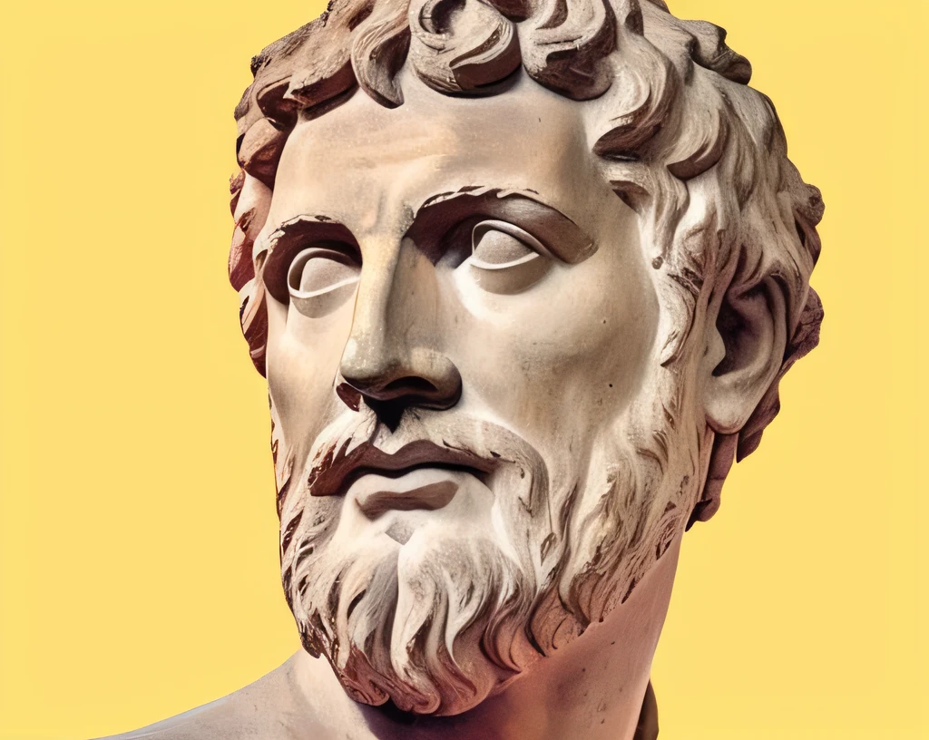 arafed statue of a man with a beard and a beard, eStoic face, eStoic facial expression, Estoicismo, stoic, eStoic attitude, Retrato Zeus, Pose estoica, estoico and calm, um antigo rosto barbudo masculino, por Exekias, inspirado em Exekias, portrait of aristotle, divino e estoico