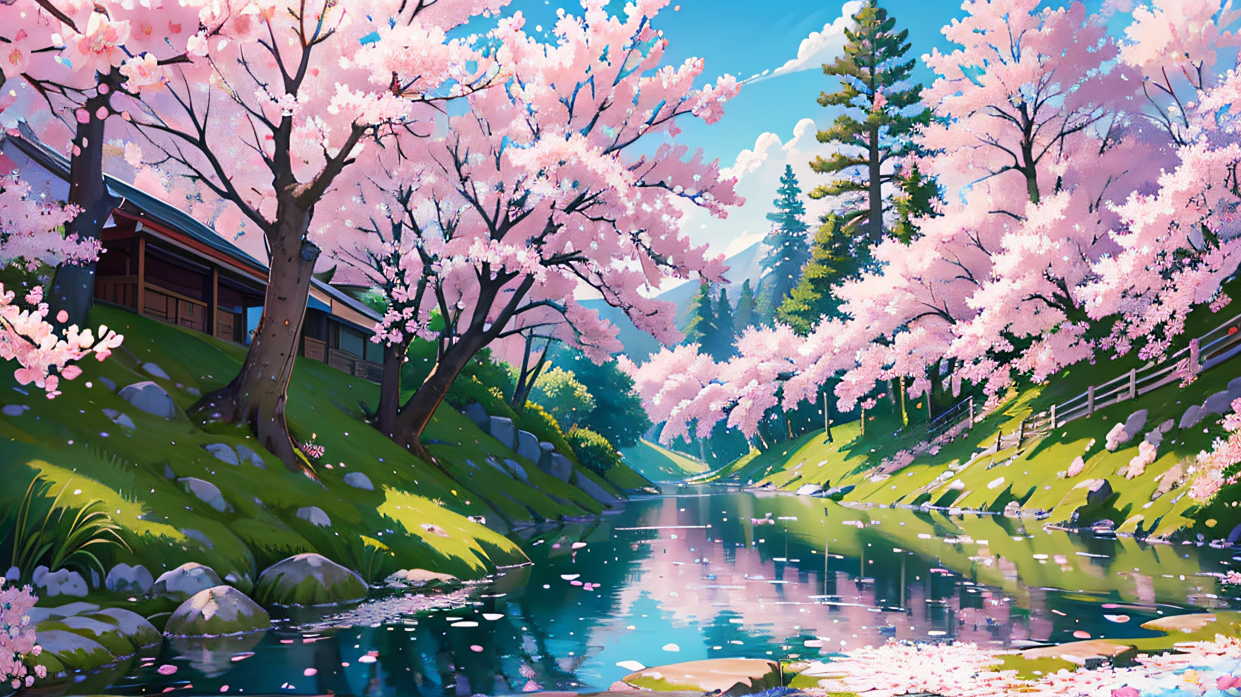 "Capture the ethereal beauty of a serene, anime-inspired landscape, where vibrant cherry blossom trees sway gently in the breeze, casting delicate petals onto a shimmering pond. The soft hues of the setting sun paint the sky with a mesmerizing blend of pinks, oranges, and purples, casting a warm golden glow over the rolling hills and lush green meadows. In this picturesque scene, a mythical silver wolf roams gracefully, its sleek fur glimmering under the moonlight. Let your imagination soar as you transport yourself to this enchanting world of wonder and tranquility."
