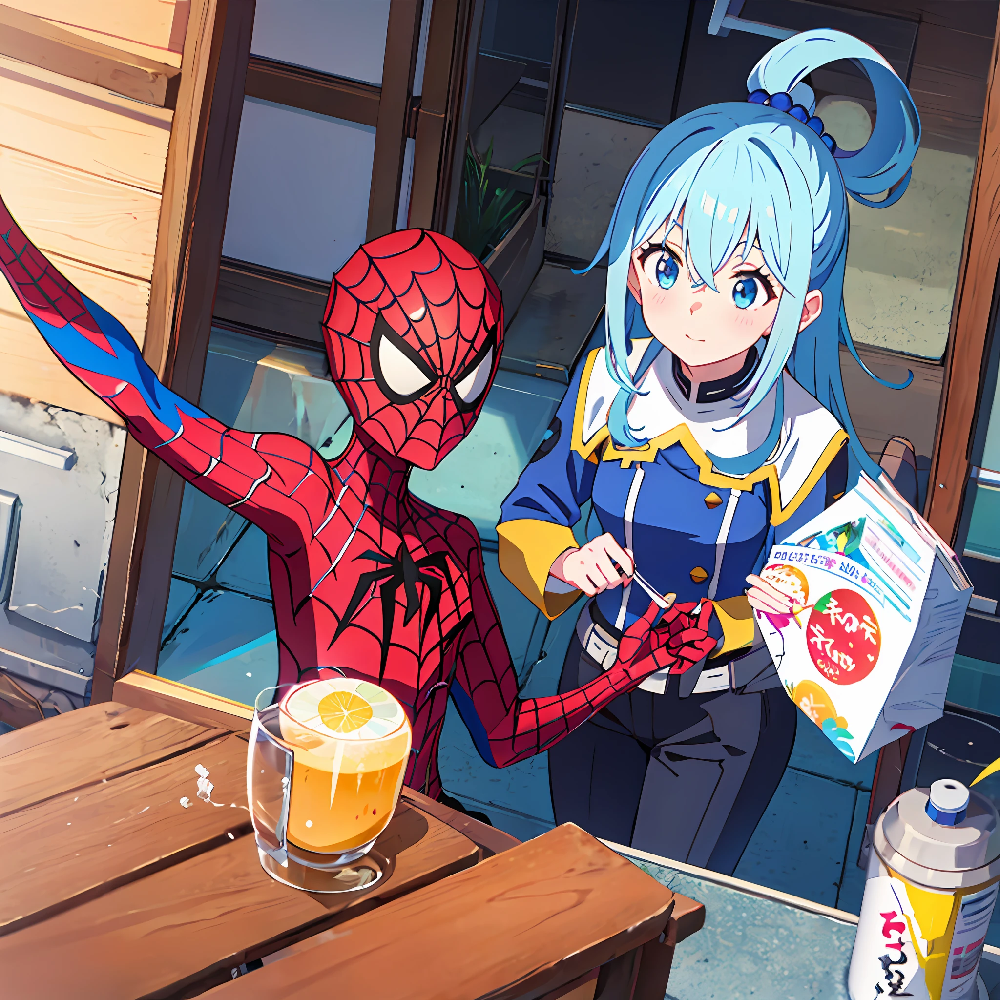 Spiderman, melhor qualidade, fundo detalhado, anime, 1girl, jovem, mulher, Aqua, seios medios, konosuba, Tokyo, japan, cidade, cabelo azul, cabelo longo, uniforme do homem aranha, puro