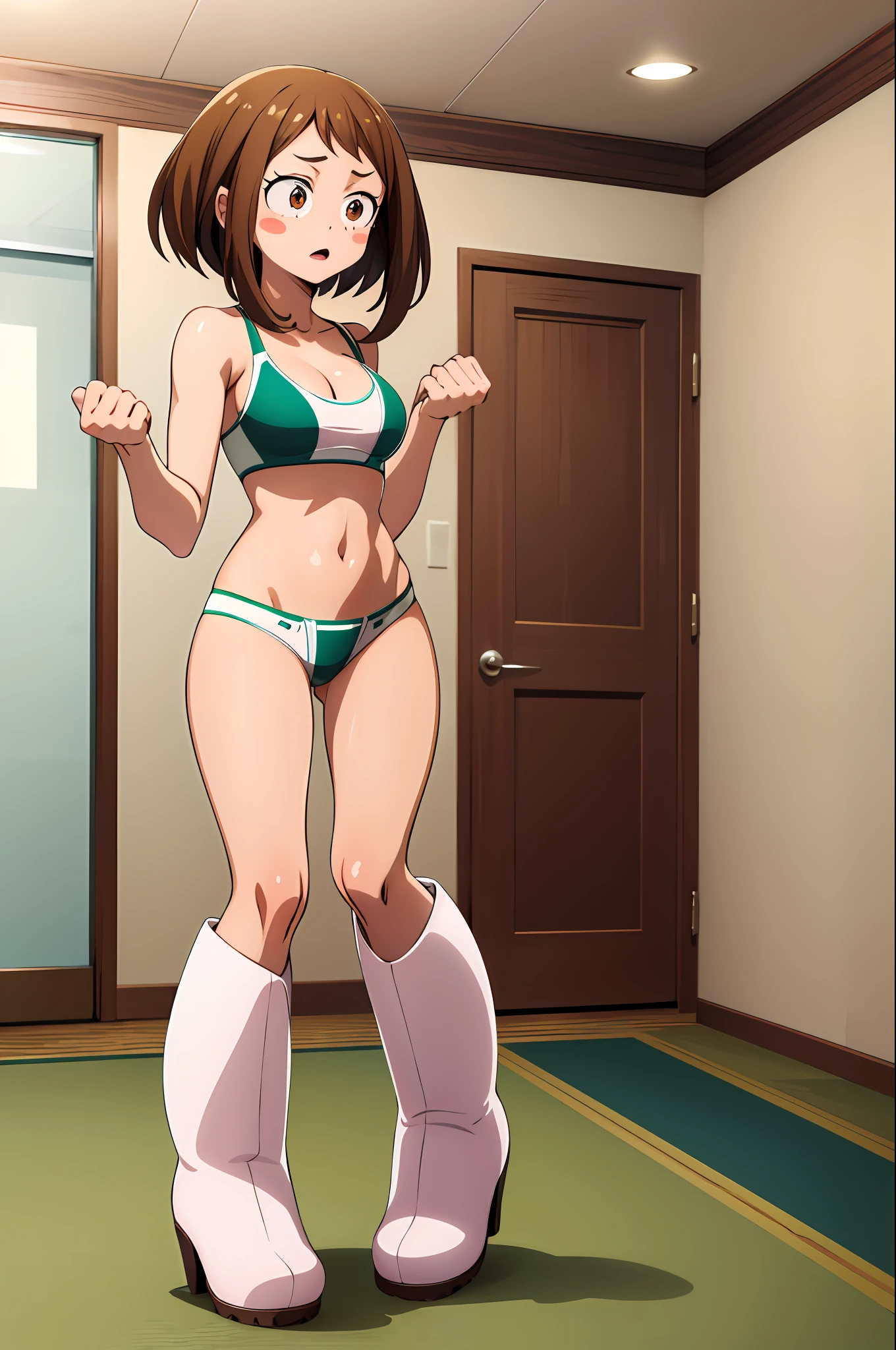masterpiece, best quality, highres, hmochako, blush stickers, short hair, medium breasts, superhero, revealing, no panties, midriff, boots, round ass, transparent thin tiny bikini, indoor, see-through, ochako, no bra, on hands and knees, pov, sexual expression, nsfw