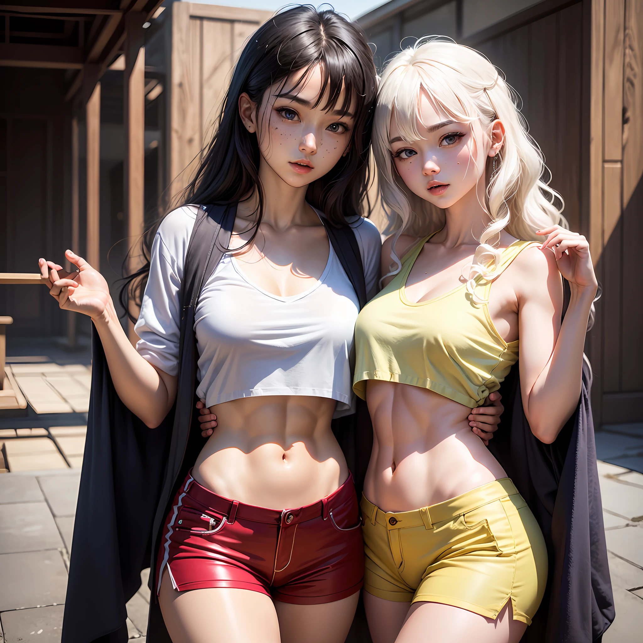 (an ultra realistic), (An illustration), (Highres), (8K), (highlydetailed), (the best illustration), (Beautiful Detailed Eyes), (sthe highest qualit), (Super Detailed), (Master peace、), (Wallpapers), (Detailed Face), ソロ1女の子, white wavy hair, Japan persons, Iris heterochromic eyes, Small moles under the lips, loose white shirt, hot pants、,, Long legs, tight abs, Temples --auto