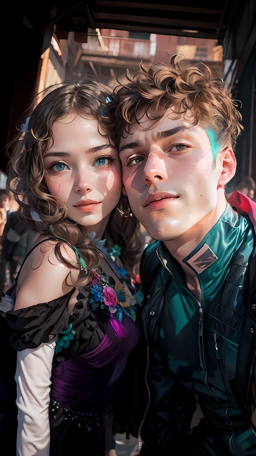 there is a 1 man and 1 girl posing, Colorful, Daylight, face ilumination