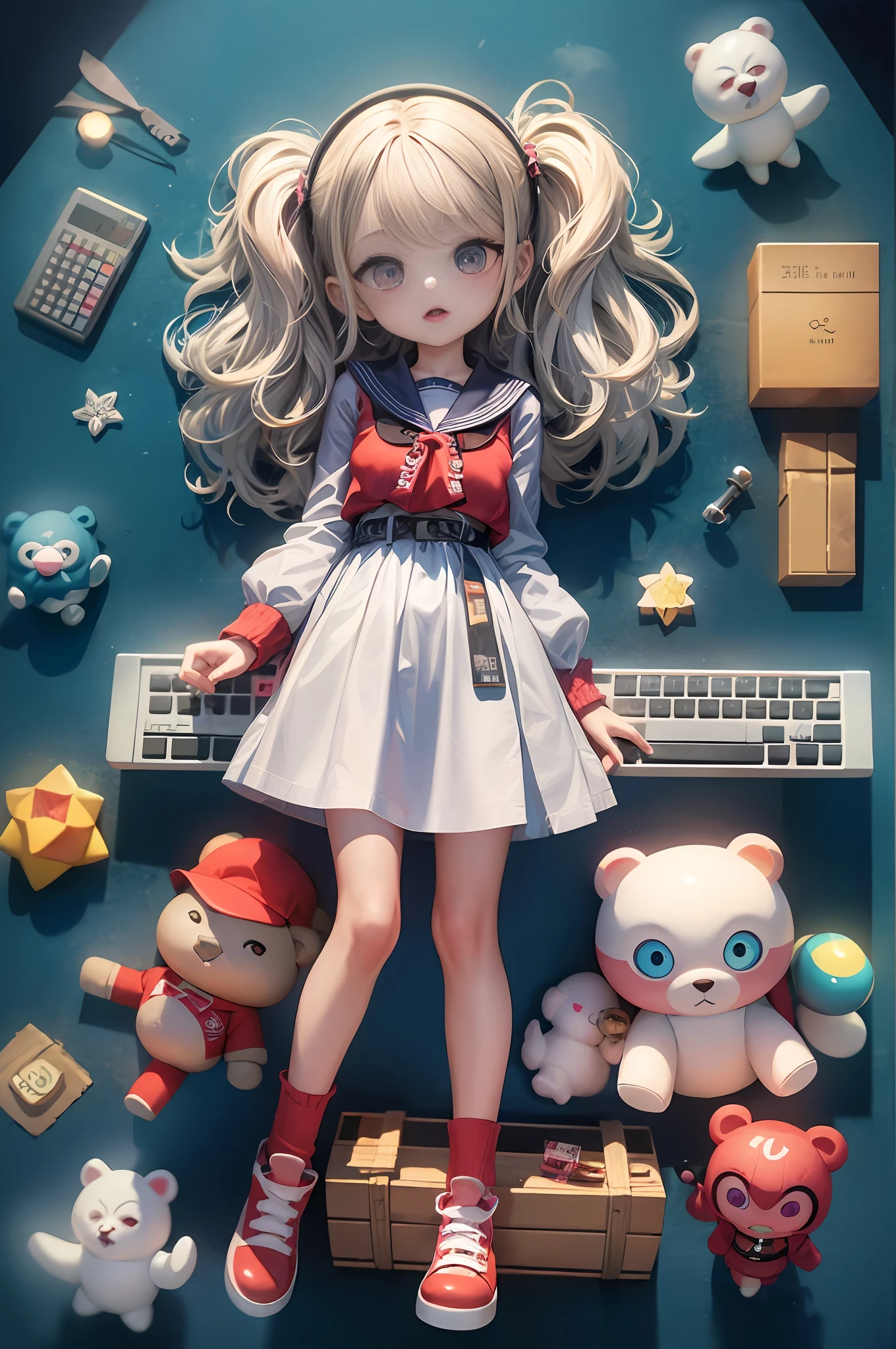 Masterpiece、，best quaity，OFFICIAL ART，8k壁纸，RAWExtremely detailed，illustartion，1个女孩，Random color hair，pretty eyes，超萌少女全身3d图，looking in eye,big Eyes,Cutes，keyboard，，little bear，c4d,Pop Matt Blind Box,,Glowing bubbles,toy,solidbackground,..Chibi,Fluorescent transmission,Luminescence, Kawaii,dolls,Pop Mart Blind Box,Pixar,complexly detailed,3d渲染,BLENDER,OCrenderer,fol body reference sheet,dribbble,high-detail,8k,STUDIO LIGHTING,loli,petite,child,.Chibi ,