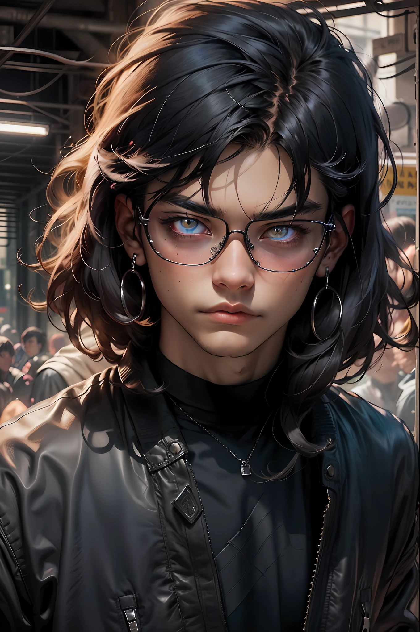]all teen man with dark ultramarine straight hair with bangs and cryptic crimson eyes, blank facial expression, wearing a black shirt and a bright coat with fur lining, leather pants, and thin glasses