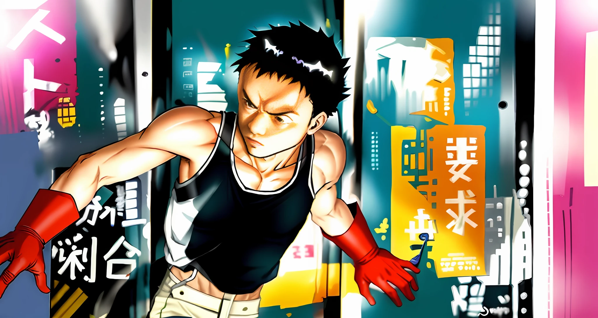 anime character in white tank top and black gloves leaning against yellow wall, tetsuo from akira, from akira ( 1 9 8 8 ) style, still from akira (1988), futuristic tetsuo, akira movie style, style of akira motion movie, in the style of akira, akira color palette, akira anime, akira, akira aesthetic, akira style